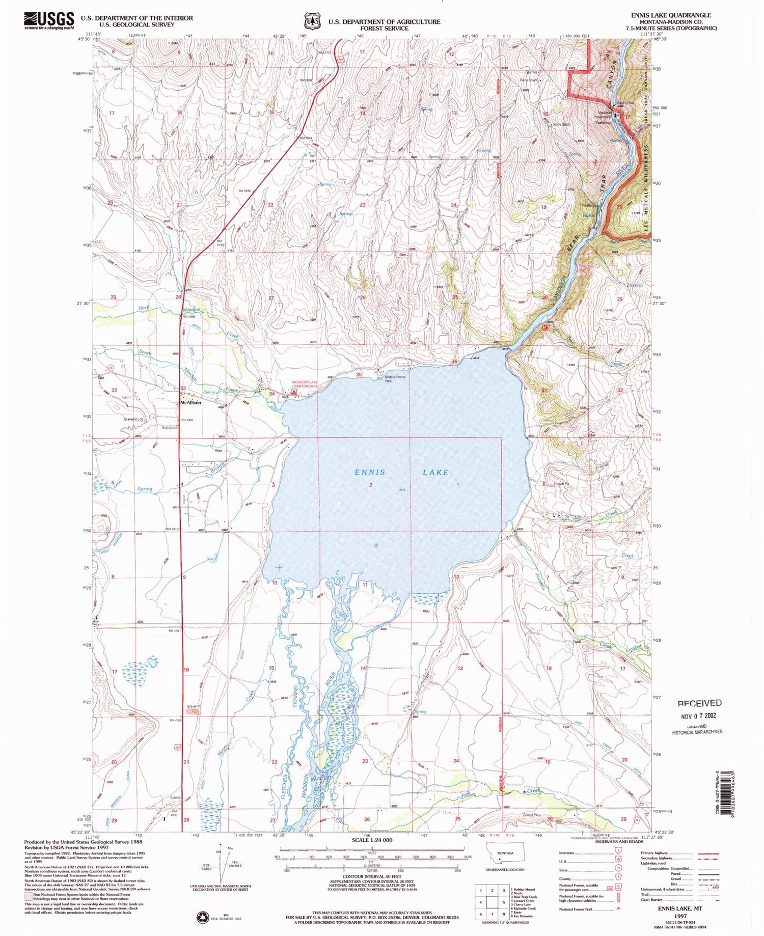 Classic USGS Ennis Lake Montana 7.5'x7.5' Topo Map Image