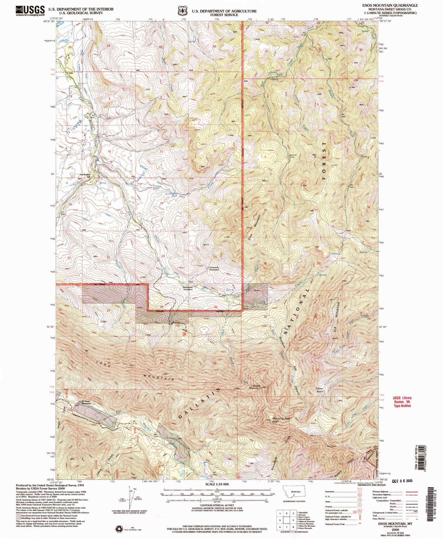 Classic USGS Enos Mountain Montana 7.5'x7.5' Topo Map Image