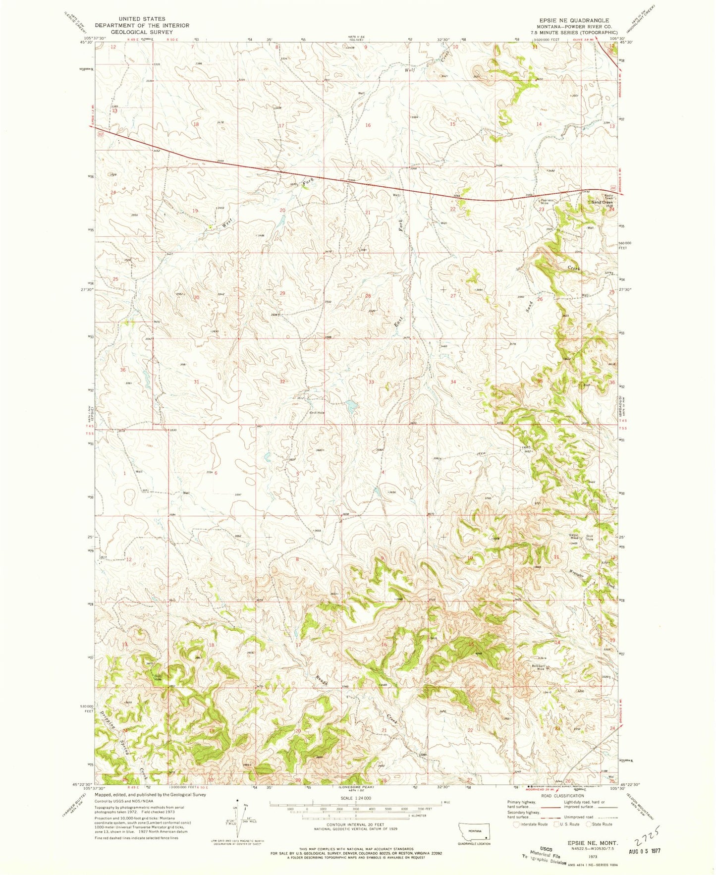 Classic USGS Epsie NE Montana 7.5'x7.5' Topo Map Image