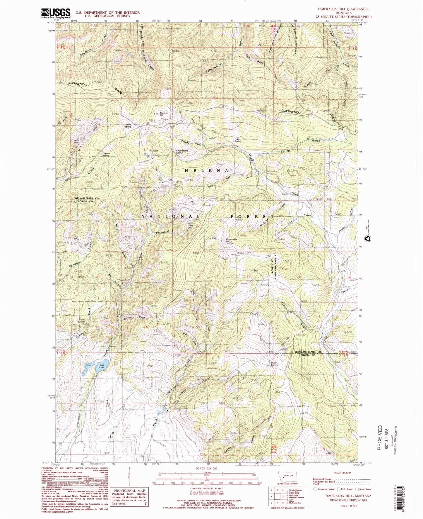Classic USGS Esmeralda Hill Montana 7.5'x7.5' Topo Map Image