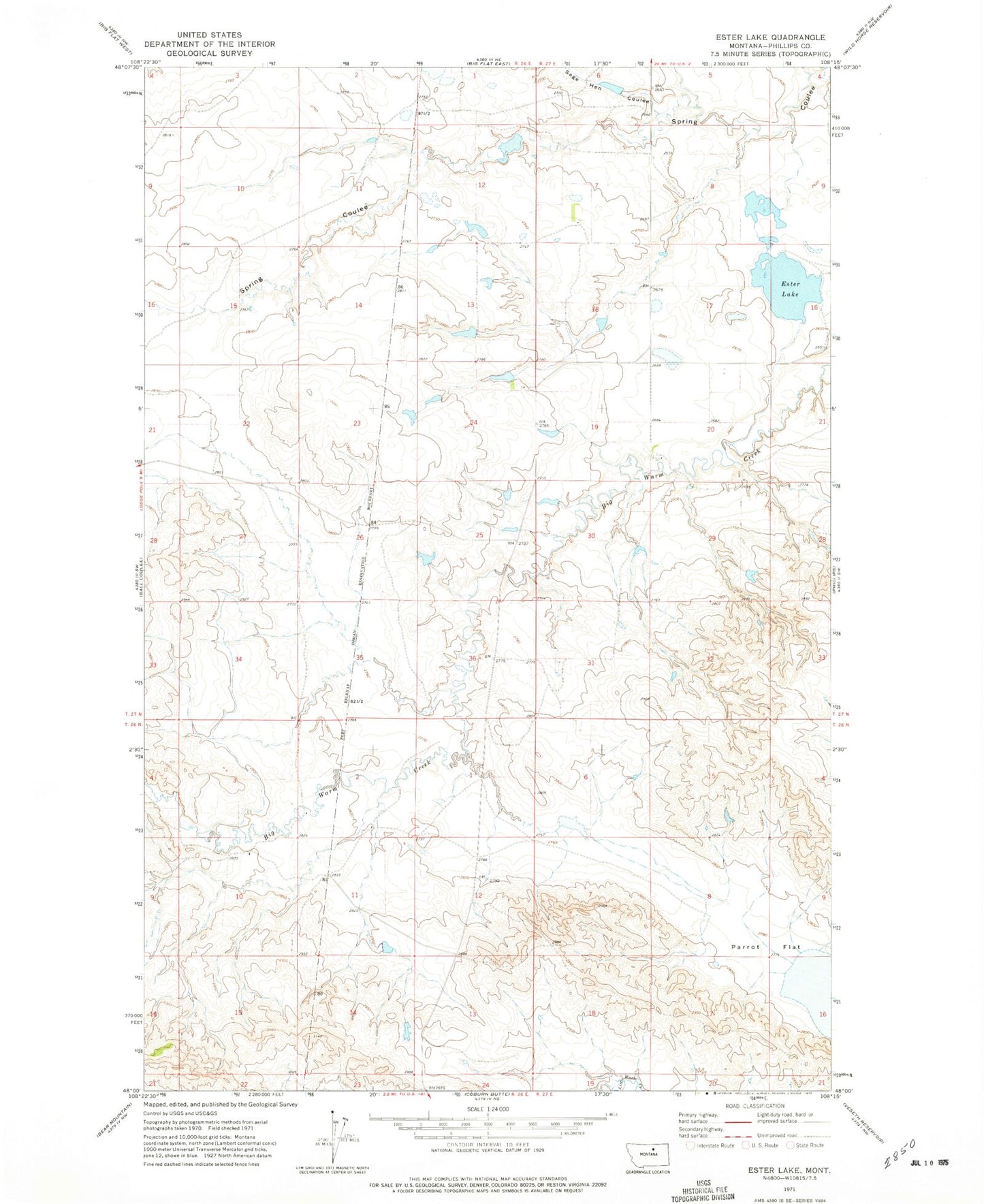 Classic USGS Ester Lake Montana 7.5'x7.5' Topo Map Image