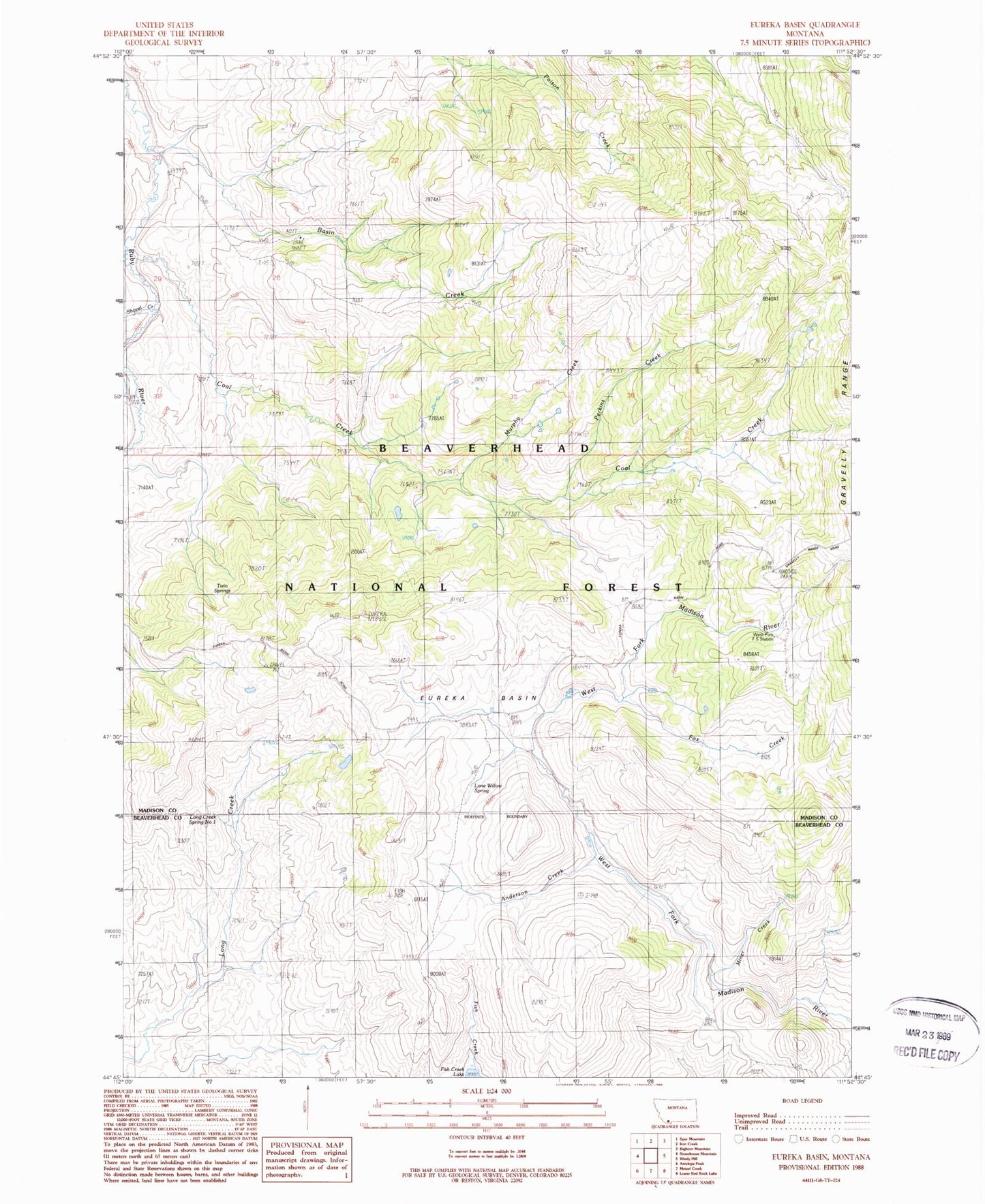 Classic USGS Eureka Basin Montana 7.5'x7.5' Topo Map Image