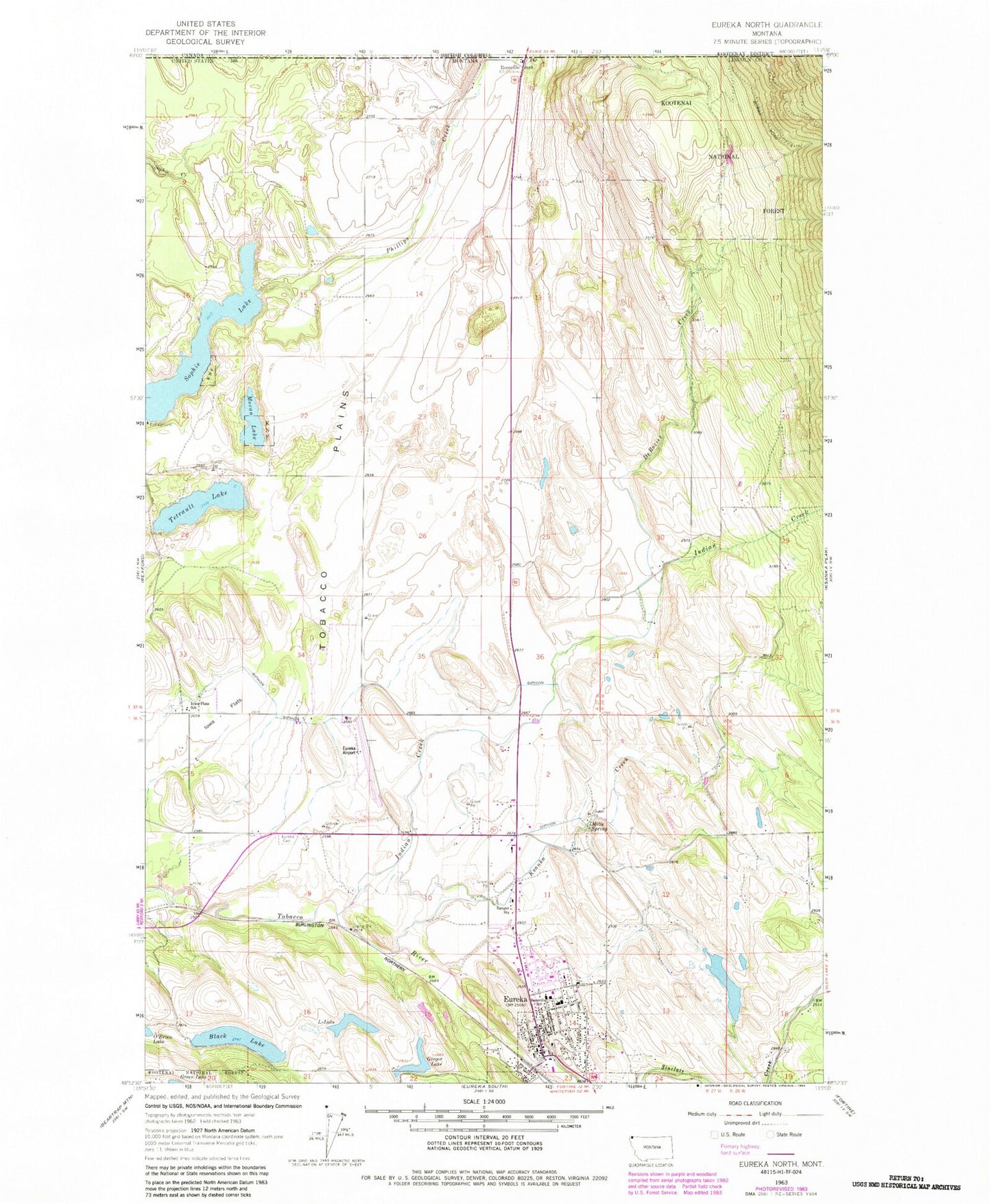 Classic USGS Eureka North Montana 7.5'x7.5' Topo Map Image