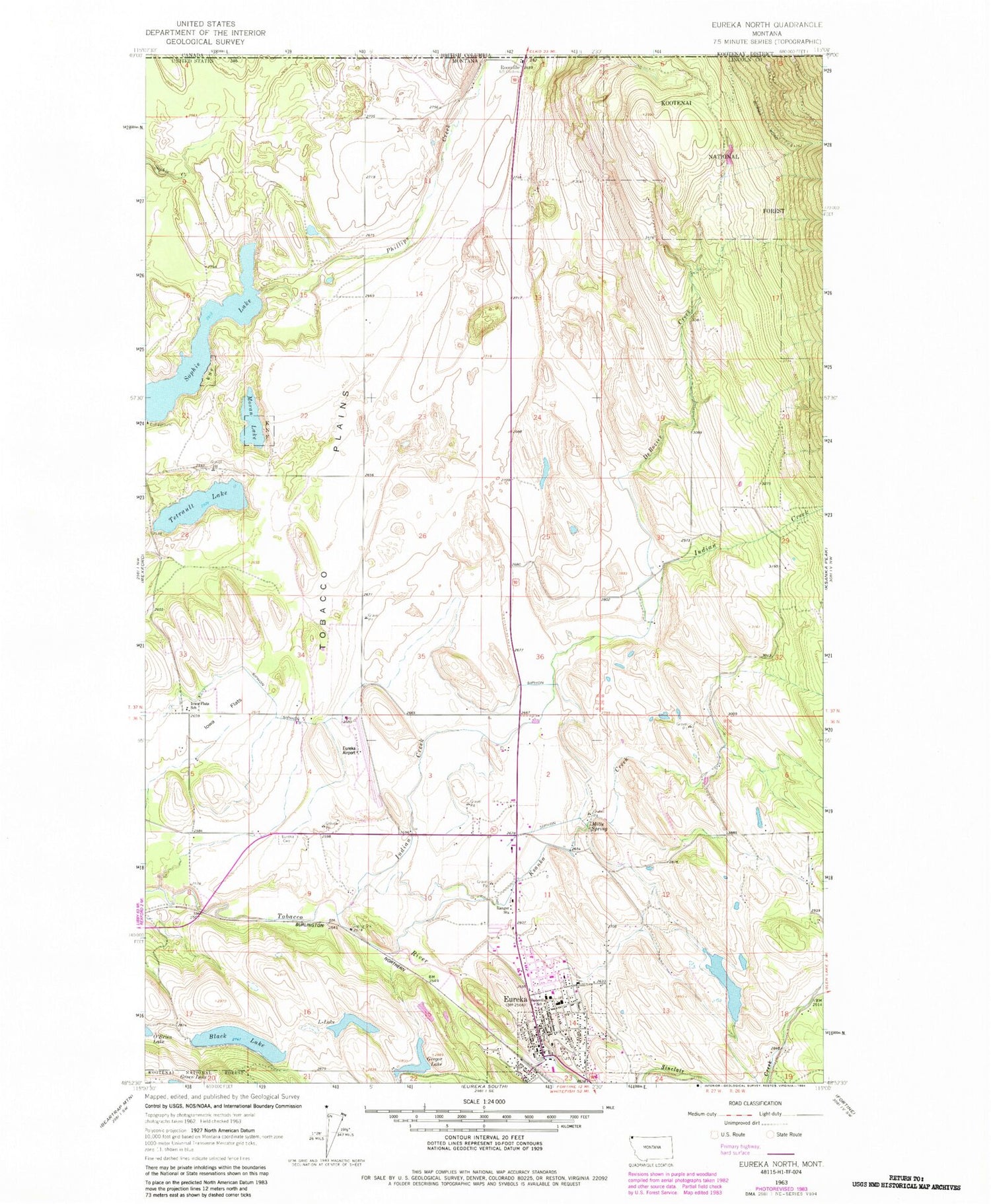 Classic USGS Eureka North Montana 7.5'x7.5' Topo Map Image