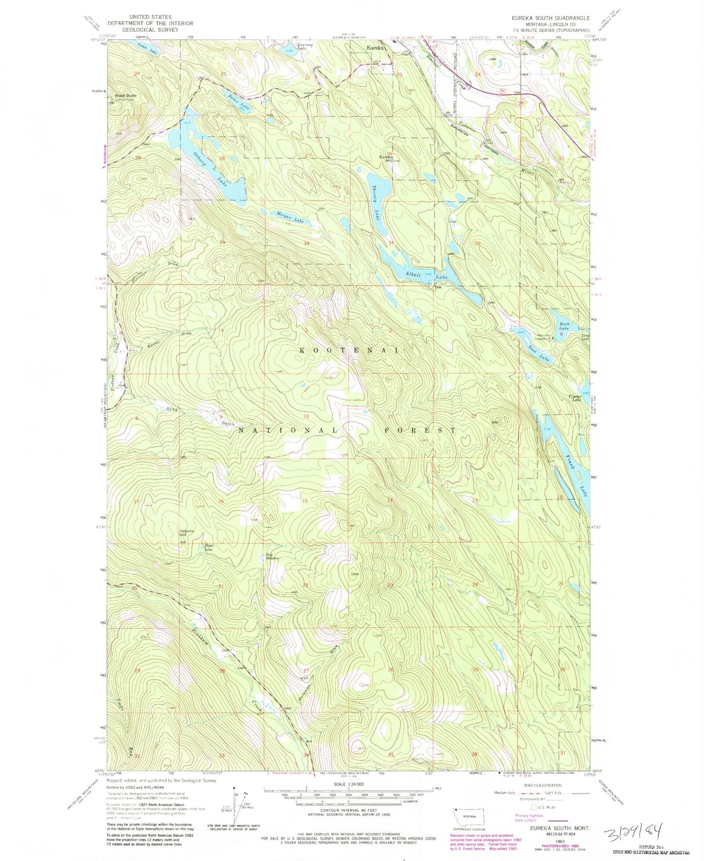 Classic USGS Eureka South Montana 7.5'x7.5' Topo Map Image