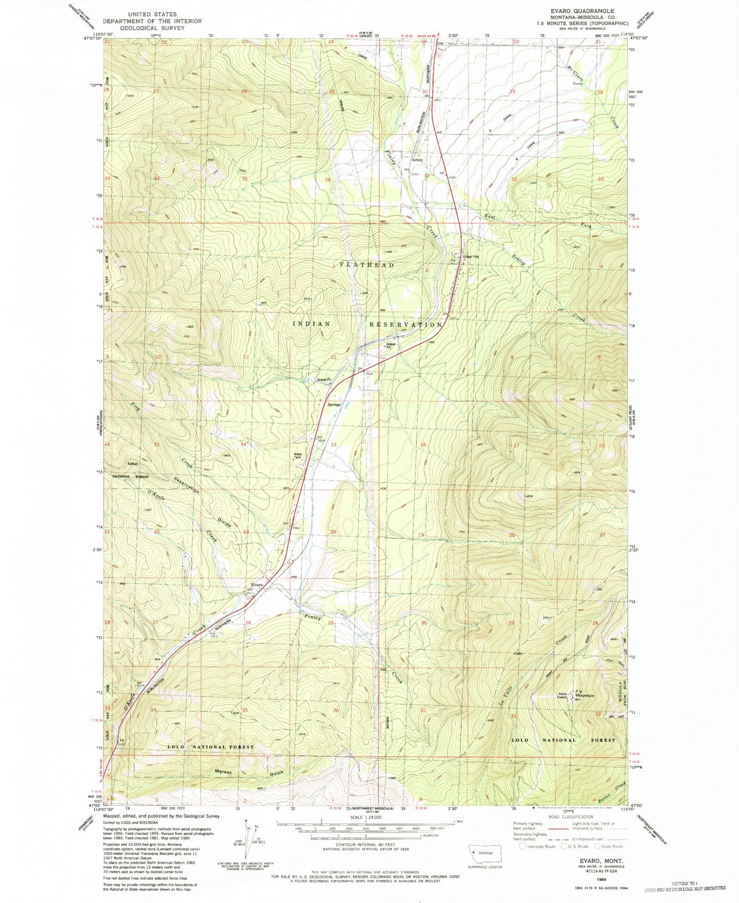 Classic USGS Evaro Montana 7.5'x7.5' Topo Map Image