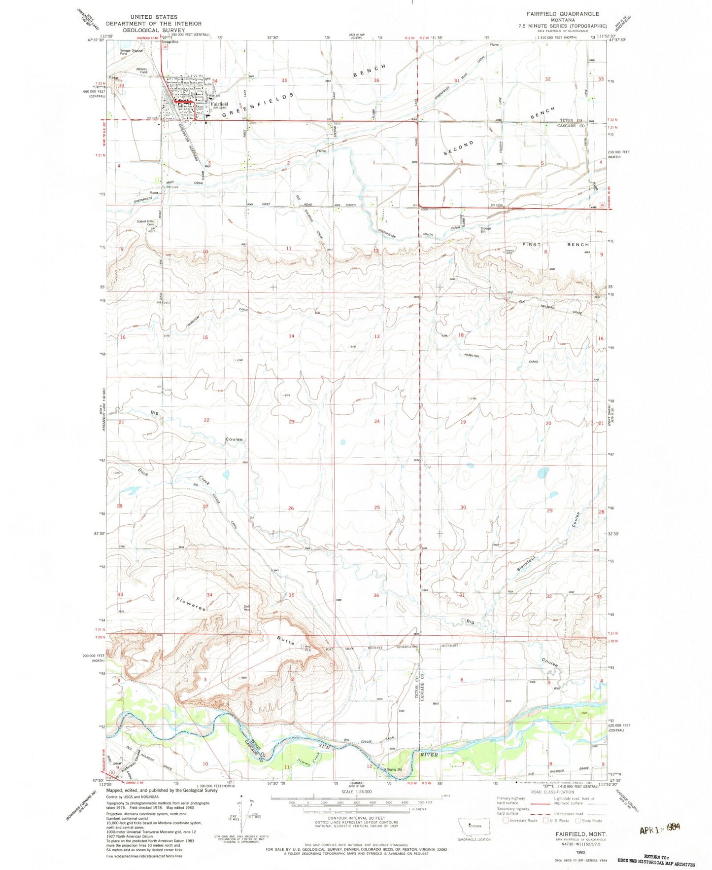 Classic USGS Fairfield Montana 7.5'x7.5' Topo Map Image