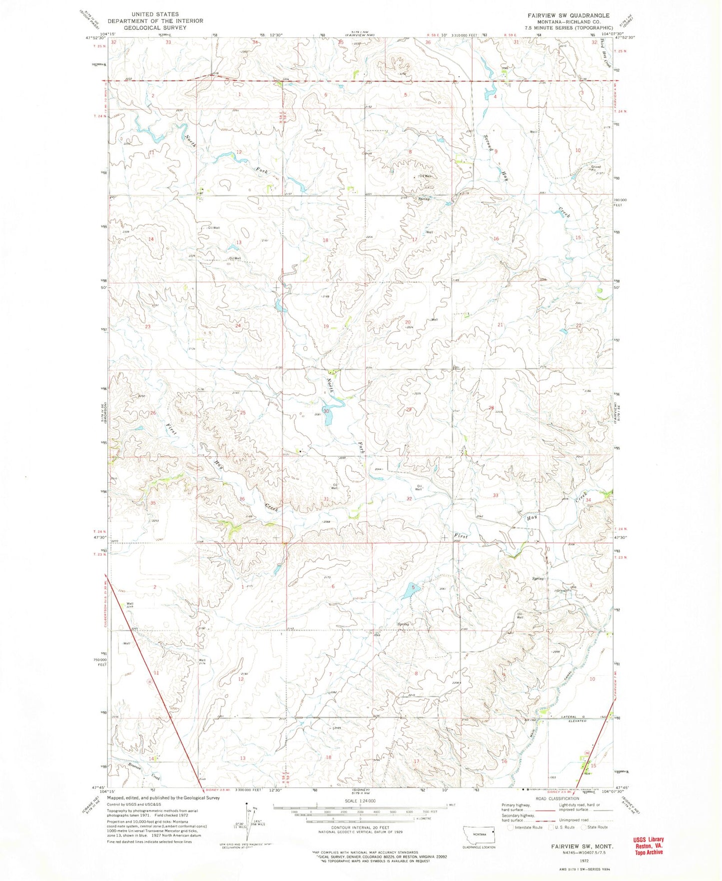 Classic USGS Fairview SW Montana 7.5'x7.5' Topo Map Image