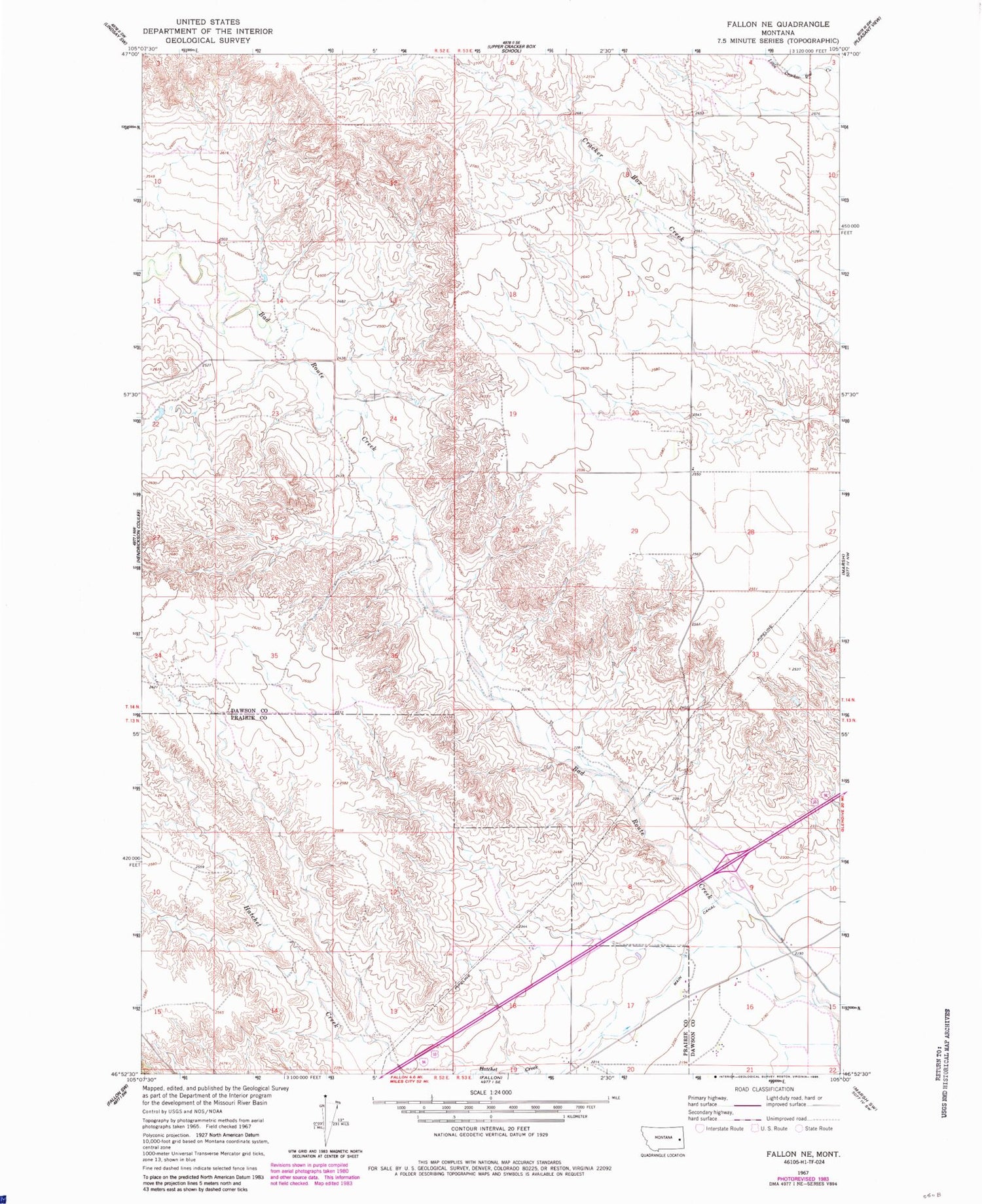 Classic USGS Fallon NE Montana 7.5'x7.5' Topo Map Image