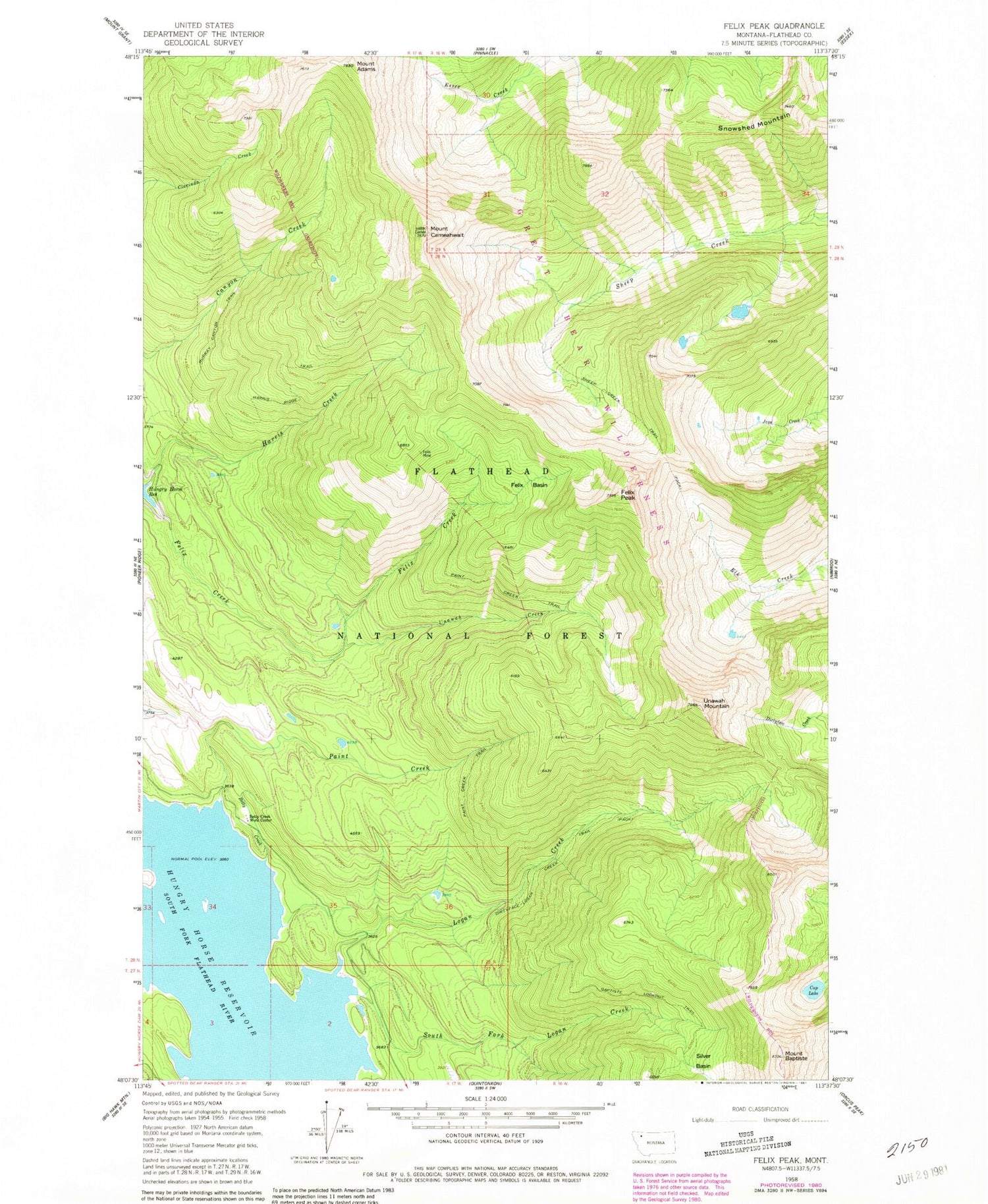 Classic USGS Felix Peak Montana 7.5'x7.5' Topo Map Image