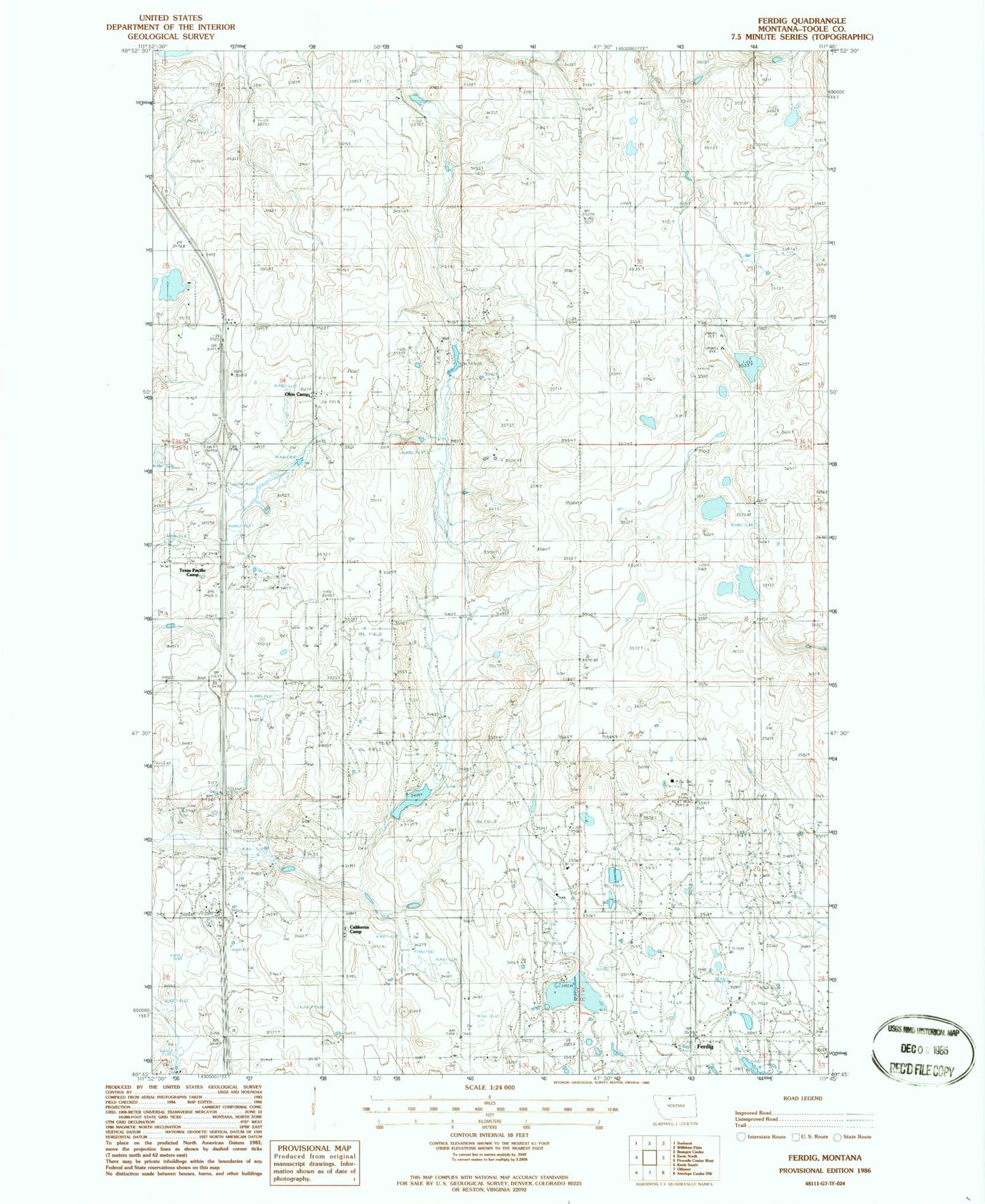 Classic USGS Ferdig Montana 7.5'x7.5' Topo Map Image