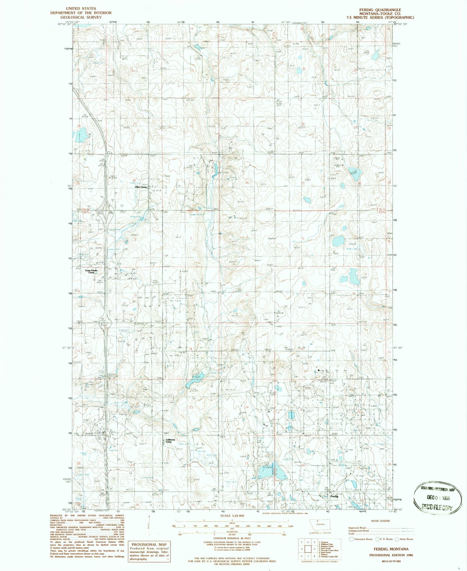 Classic USGS Ferdig Montana 7.5'x7.5' Topo Map Image