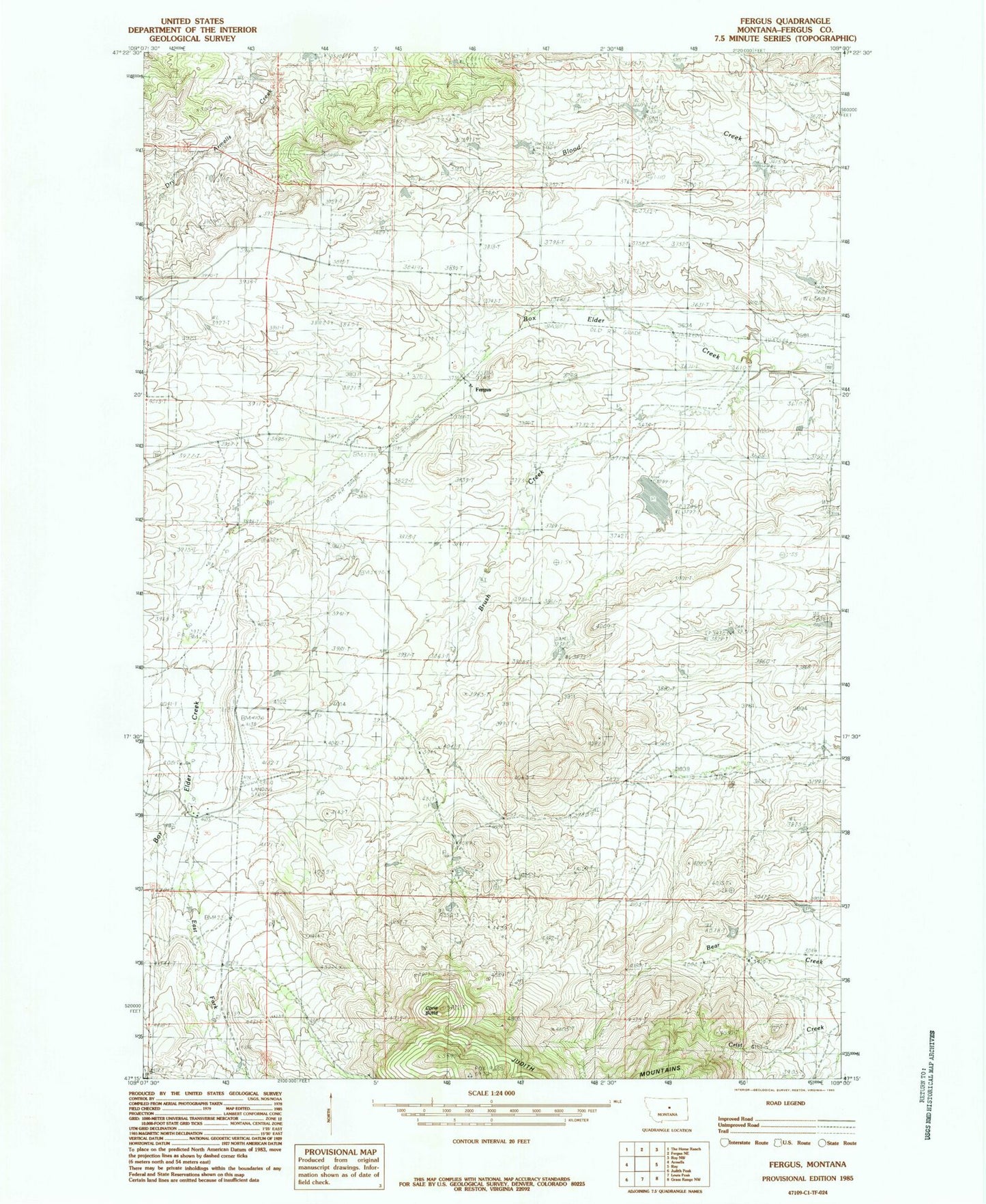 Classic USGS Fergus Montana 7.5'x7.5' Topo Map Image