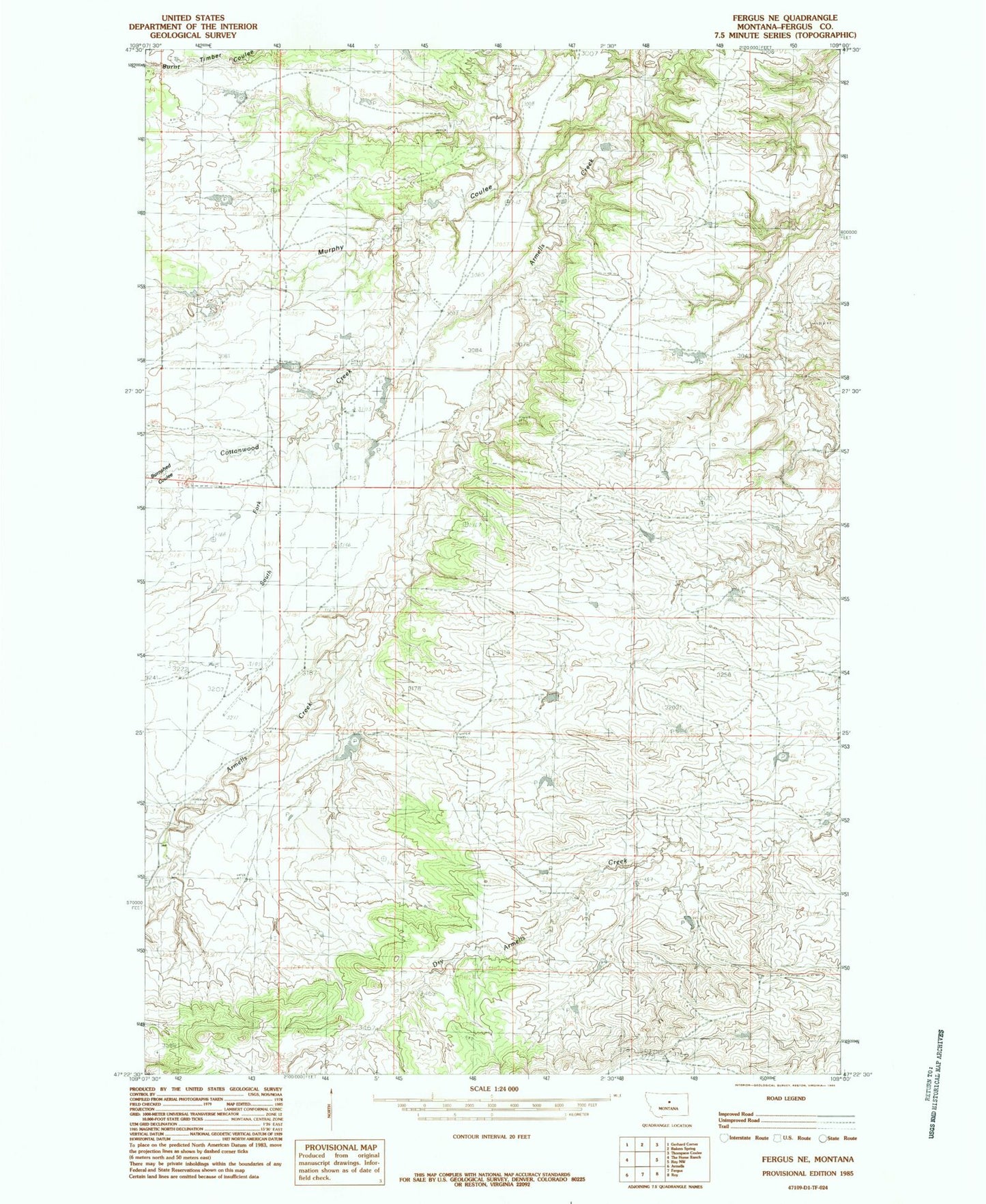 Classic USGS Fergus NE Montana 7.5'x7.5' Topo Map Image