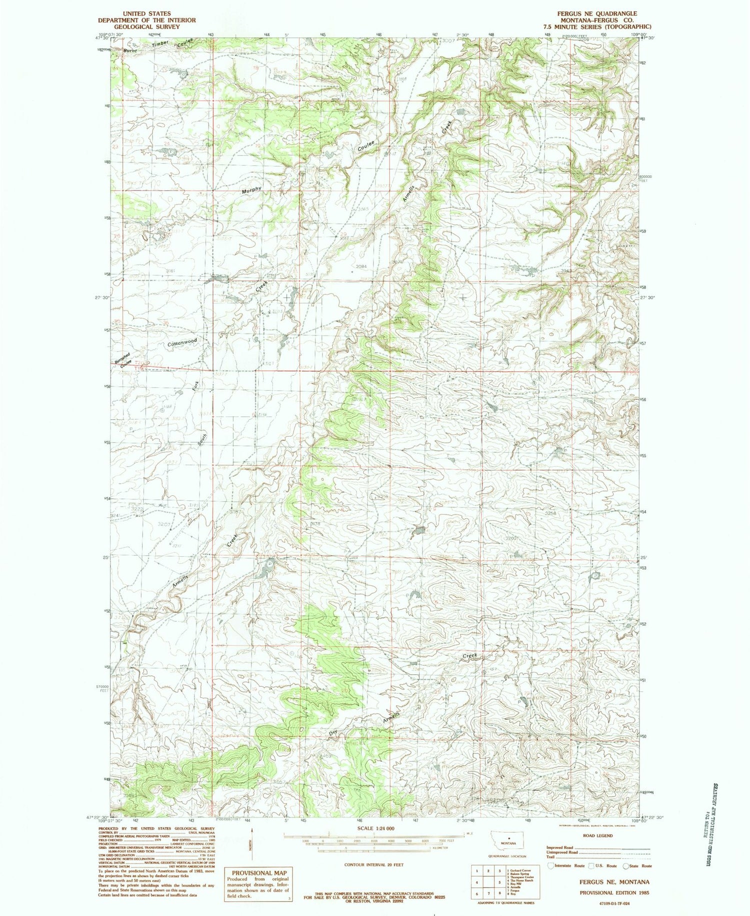 Classic USGS Fergus NE Montana 7.5'x7.5' Topo Map Image