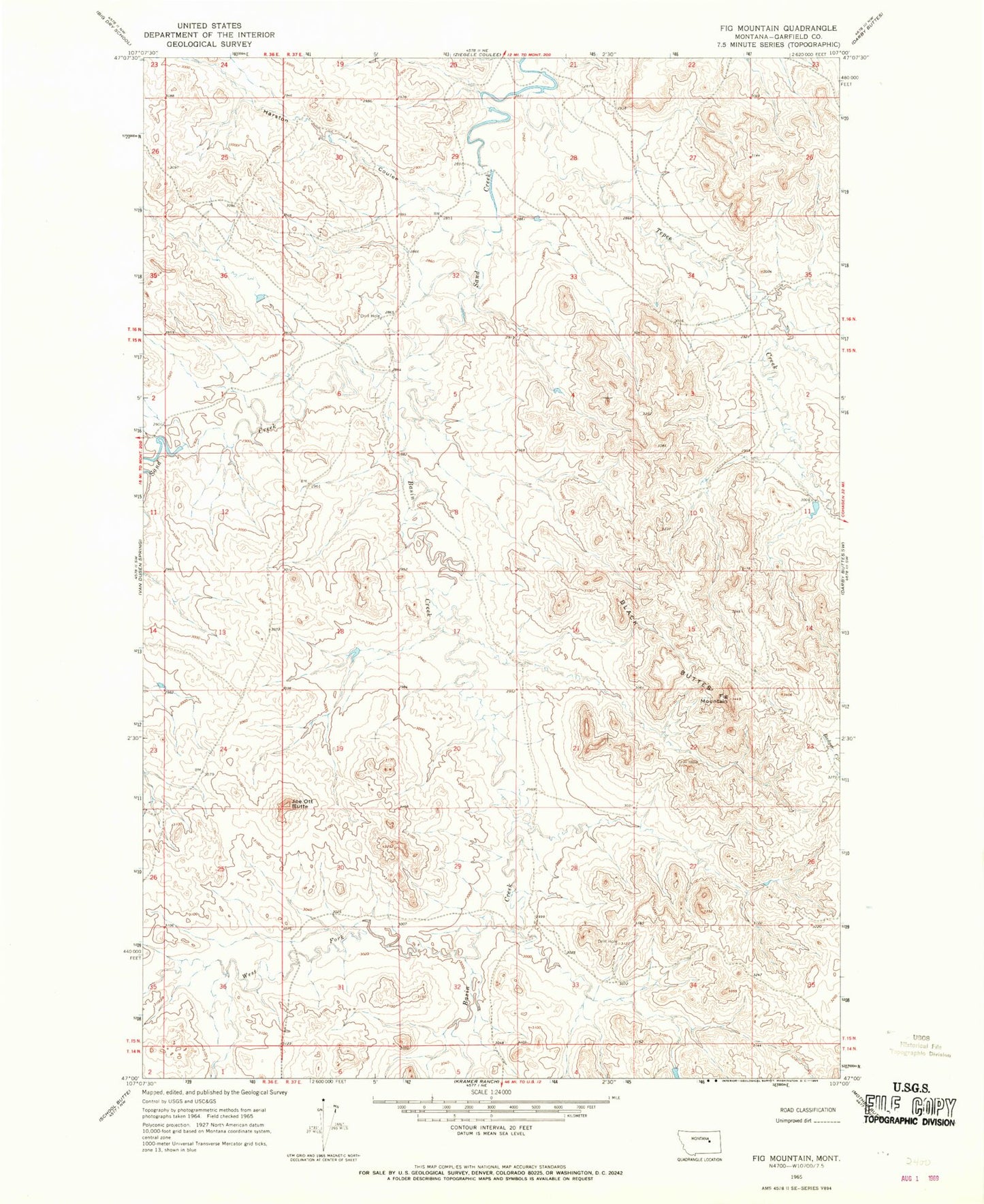 Classic USGS Fig Mountain Montana 7.5'x7.5' Topo Map Image