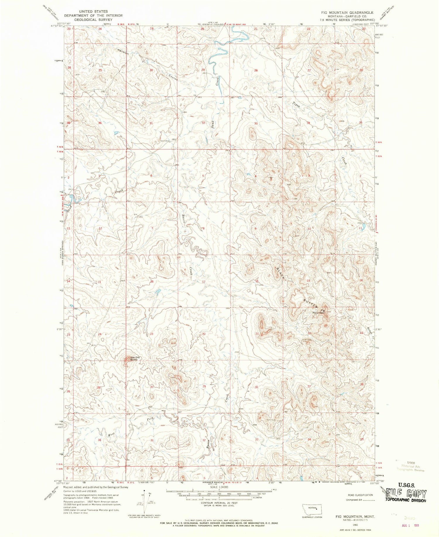 Classic USGS Fig Mountain Montana 7.5'x7.5' Topo Map Image
