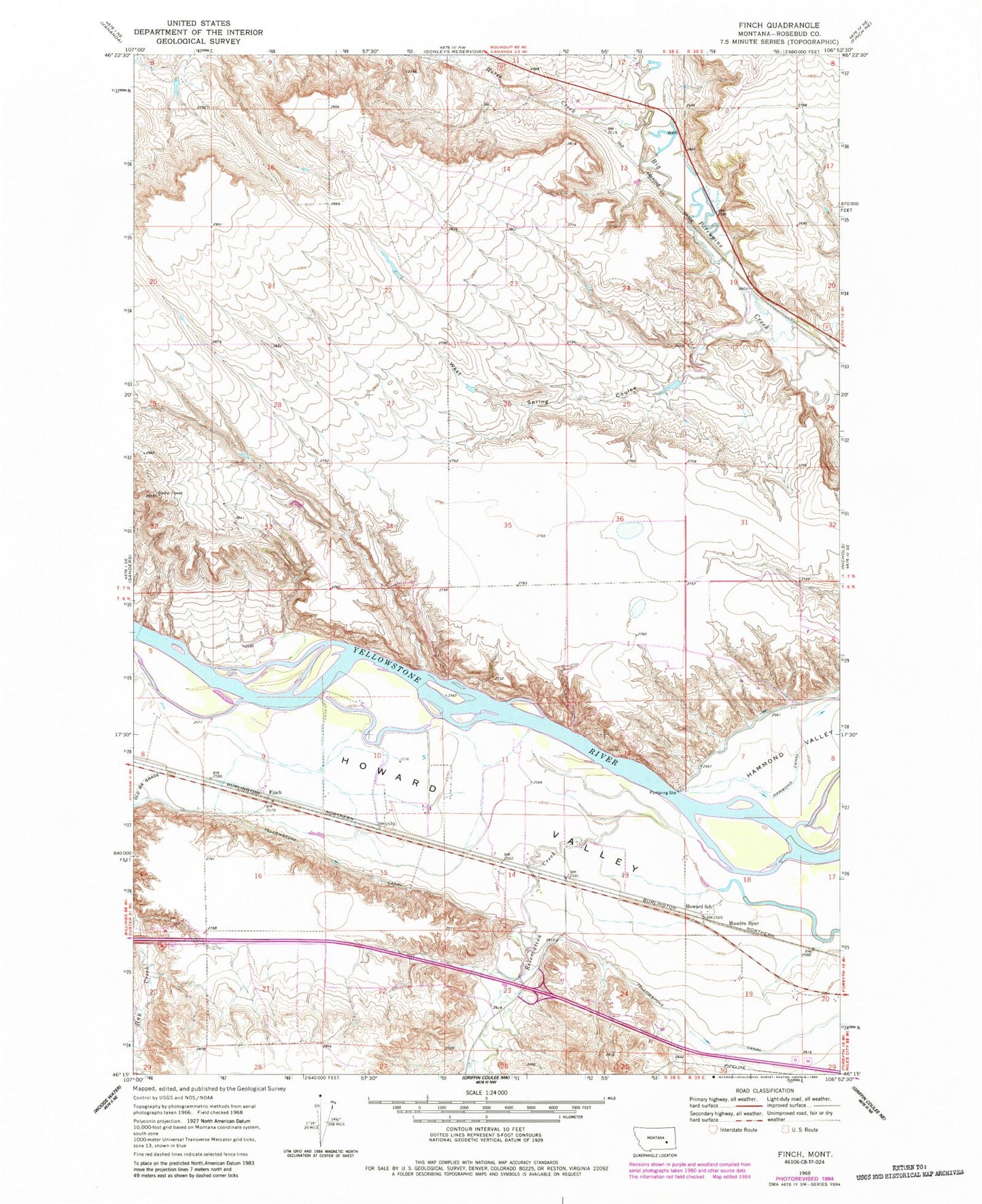Classic USGS Finch Montana 7.5'x7.5' Topo Map Image