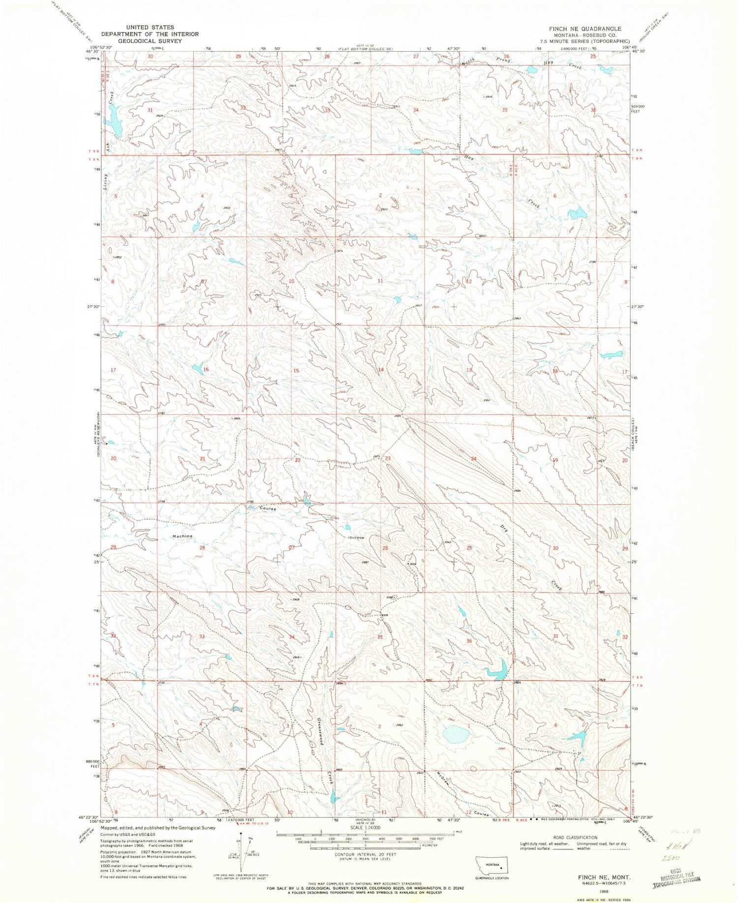 Classic USGS Finch NE Montana 7.5'x7.5' Topo Map Image