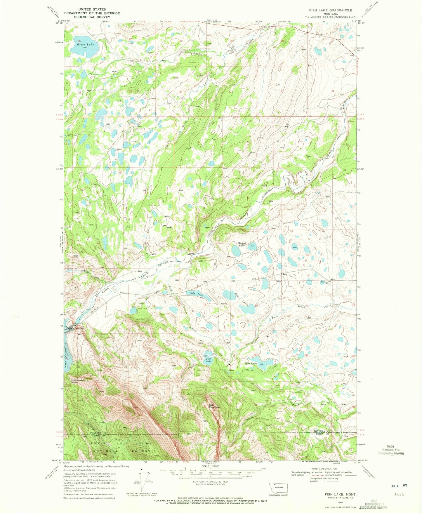 Classic USGS Fish Lake Montana 7.5'x7.5' Topo Map Image