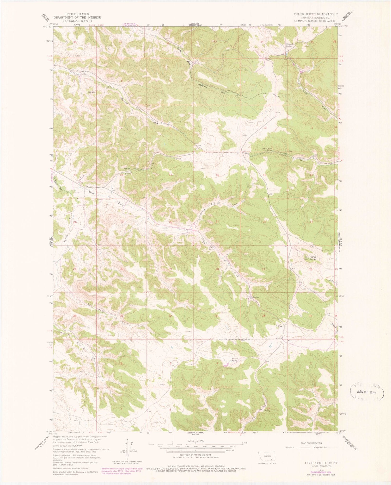 Classic USGS Fisher Butte Montana 7.5'x7.5' Topo Map Image