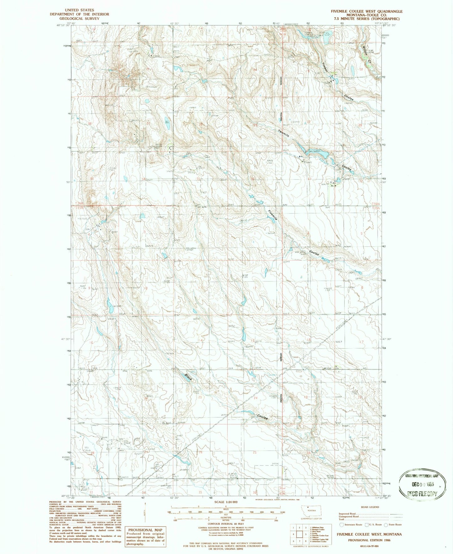 Classic USGS Fivemile Coulee West Montana 7.5'x7.5' Topo Map Image