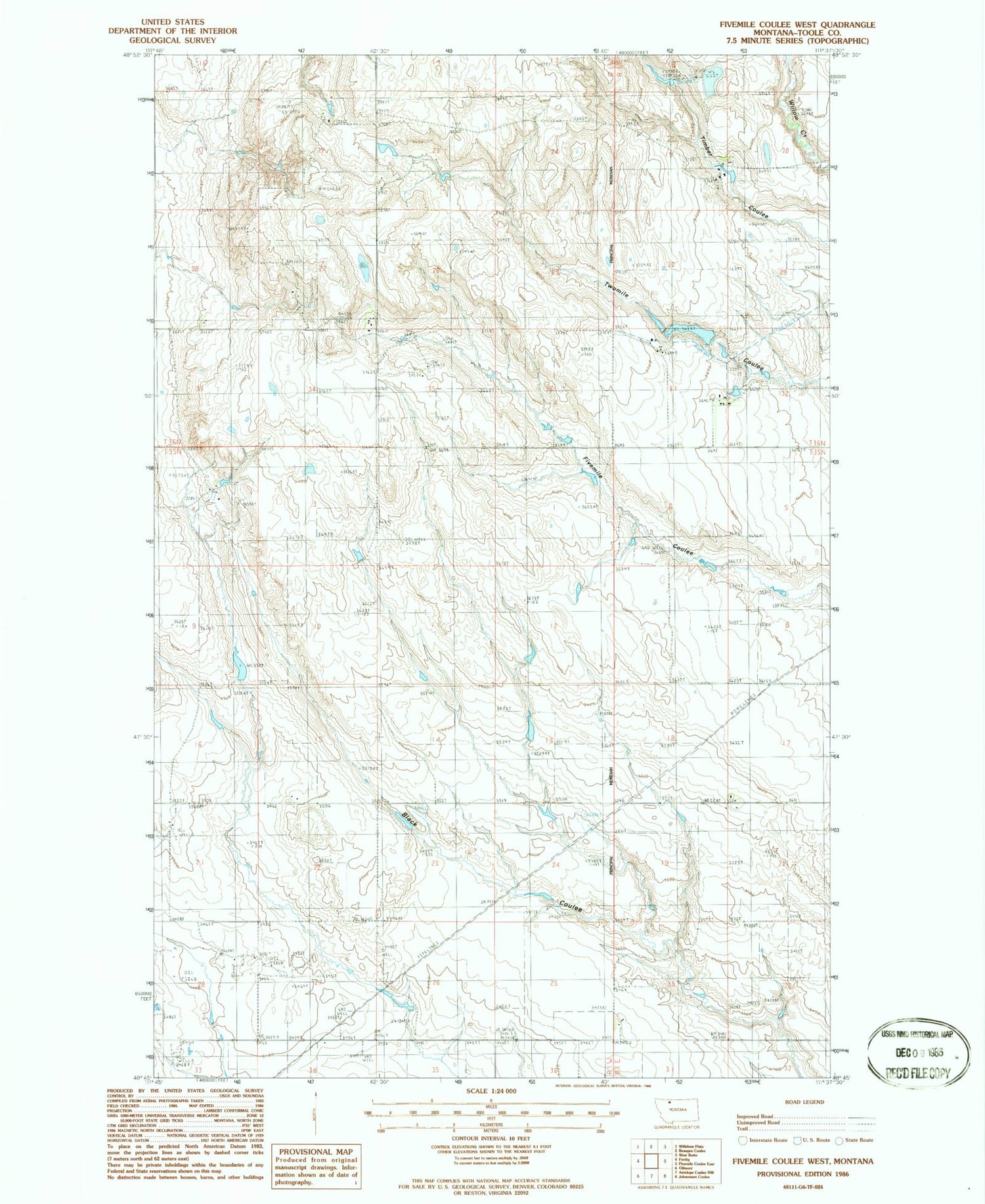 Classic USGS Fivemile Coulee West Montana 7.5'x7.5' Topo Map Image