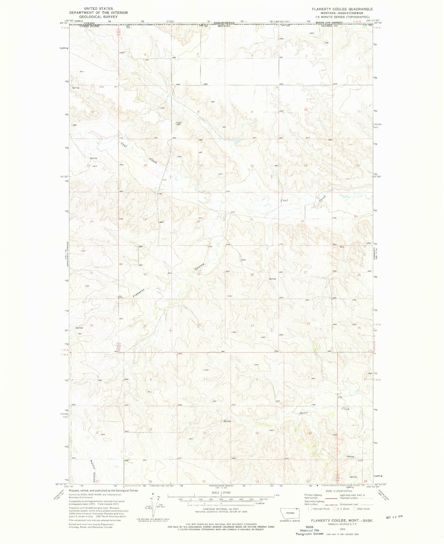 Classic USGS Flaherty Coulee Montana 7.5'x7.5' Topo Map Image