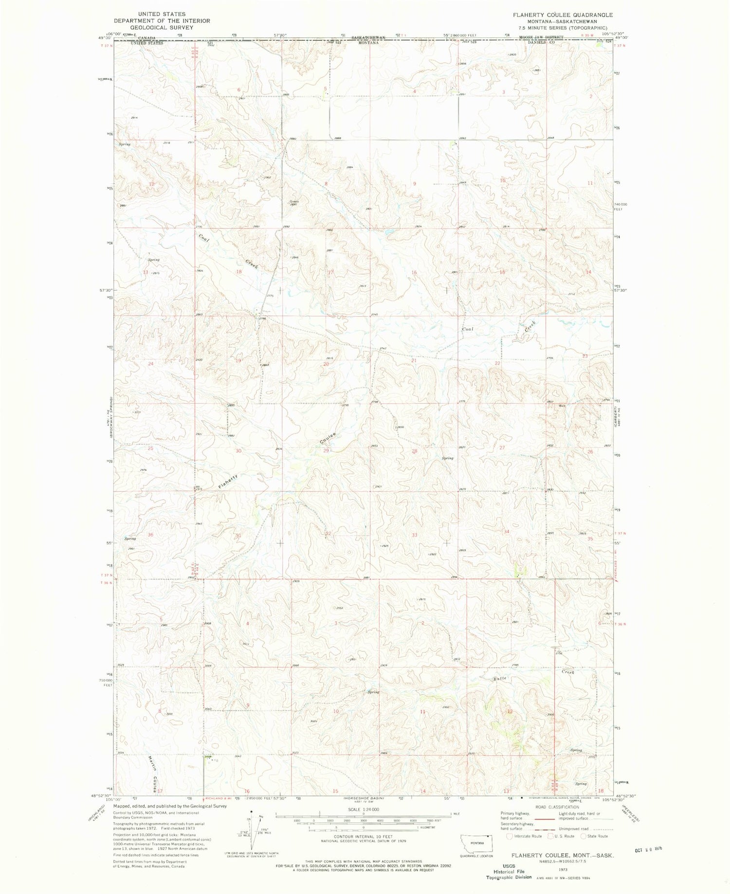 Classic USGS Flaherty Coulee Montana 7.5'x7.5' Topo Map Image