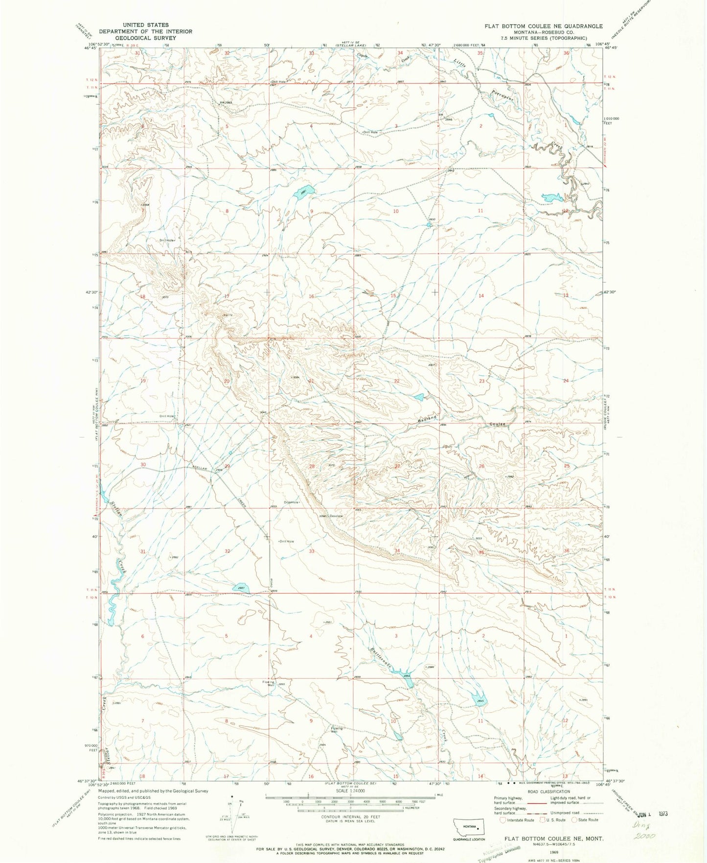 Classic USGS Flat Bottom Coulee NE Montana 7.5'x7.5' Topo Map Image