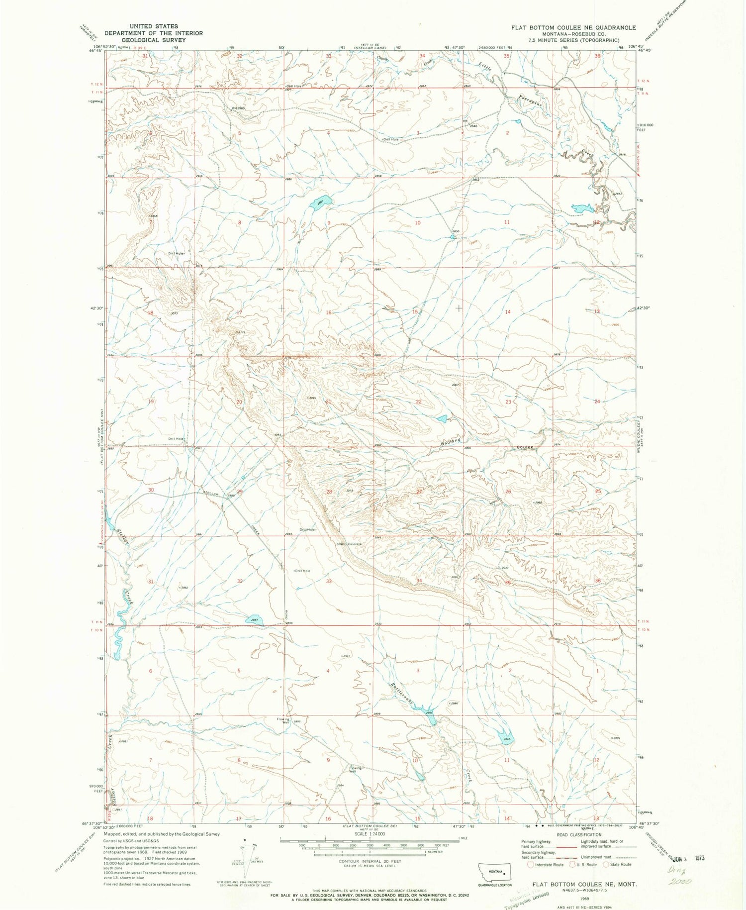 Classic USGS Flat Bottom Coulee NE Montana 7.5'x7.5' Topo Map Image