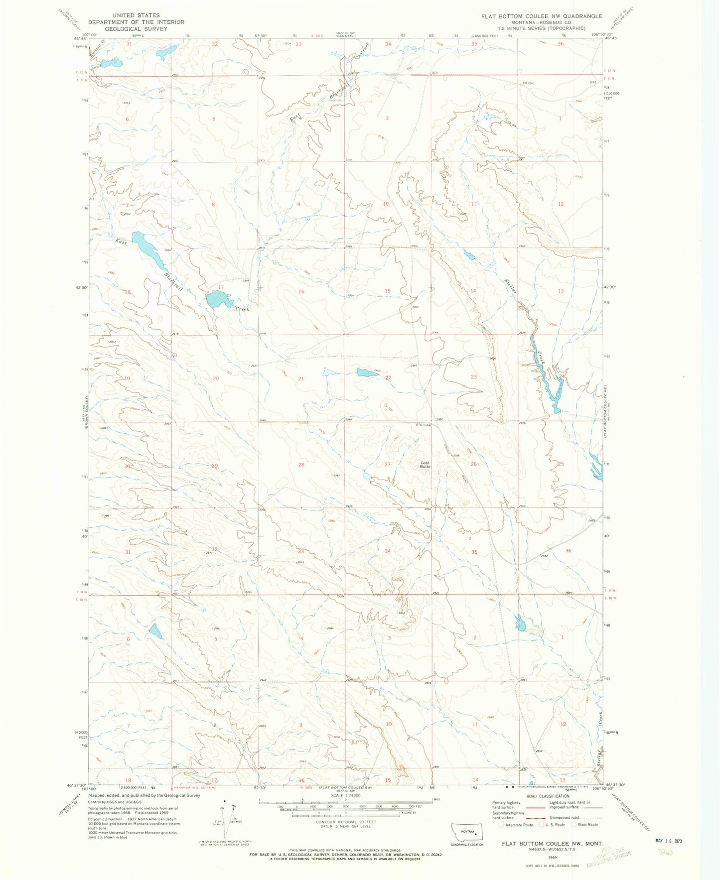 Classic USGS Flat Bottom Coulee NW Montana 7.5'x7.5' Topo Map Image