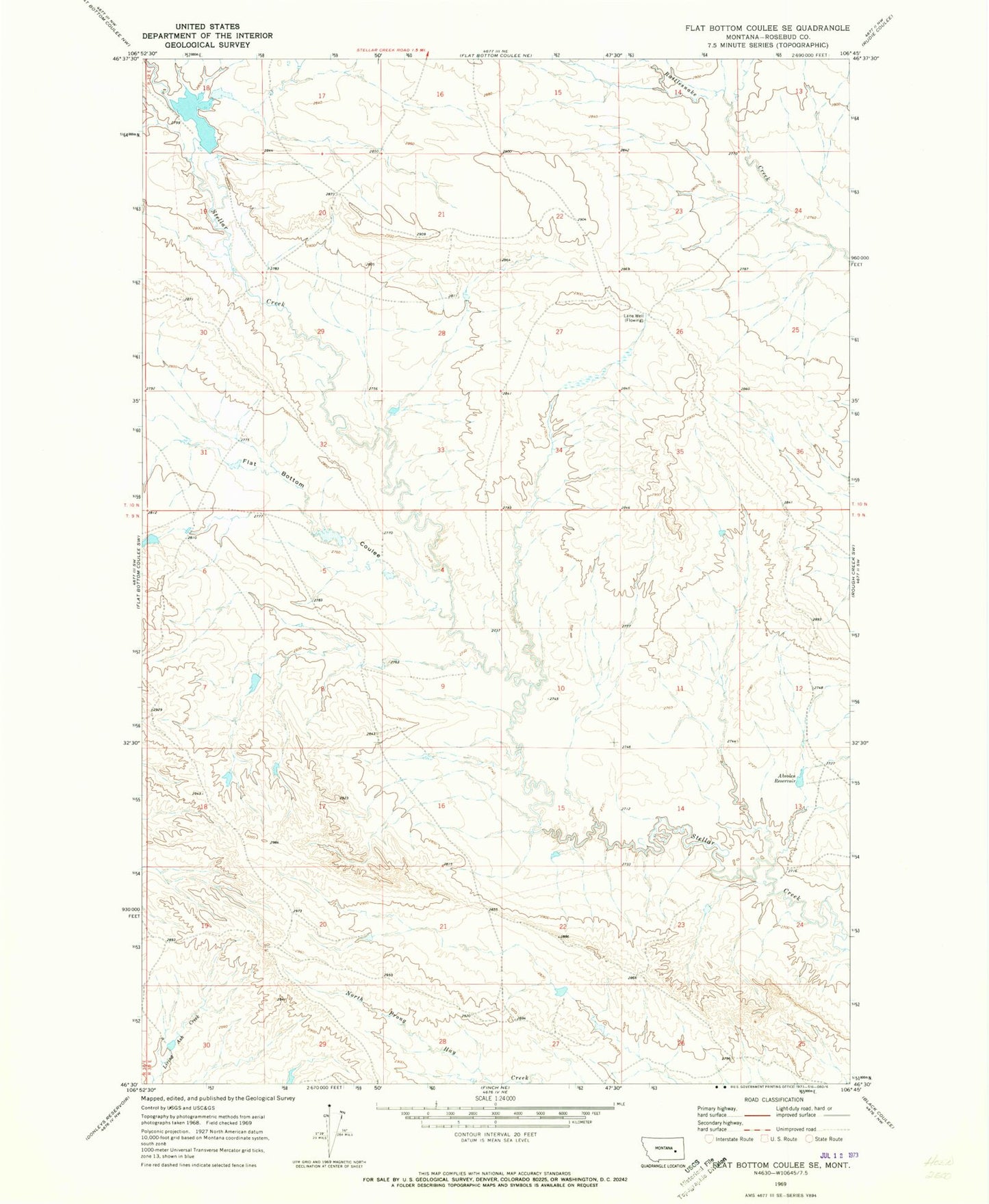 Classic USGS Flat Bottom Coulee SE Montana 7.5'x7.5' Topo Map Image