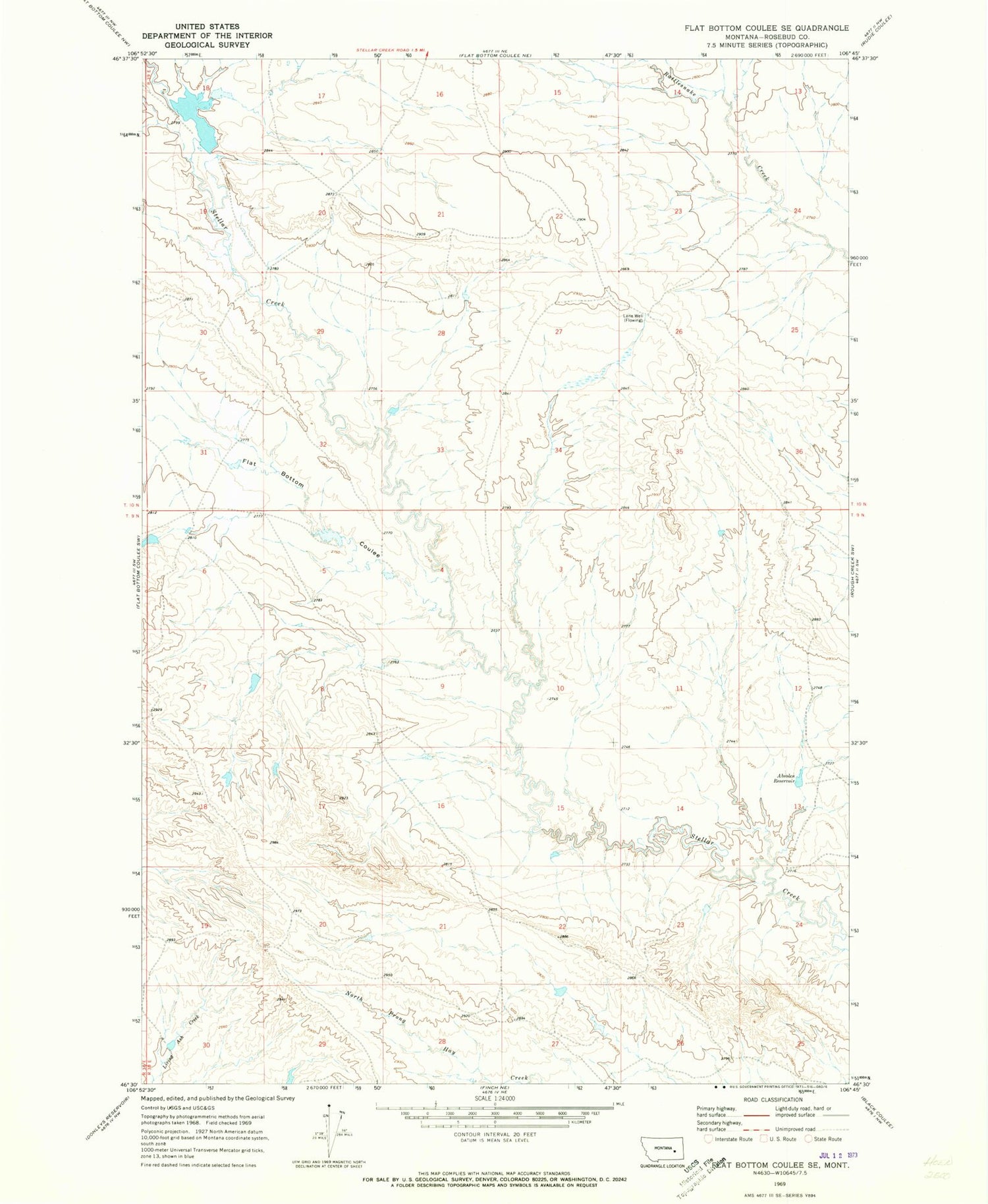 Classic USGS Flat Bottom Coulee SE Montana 7.5'x7.5' Topo Map Image
