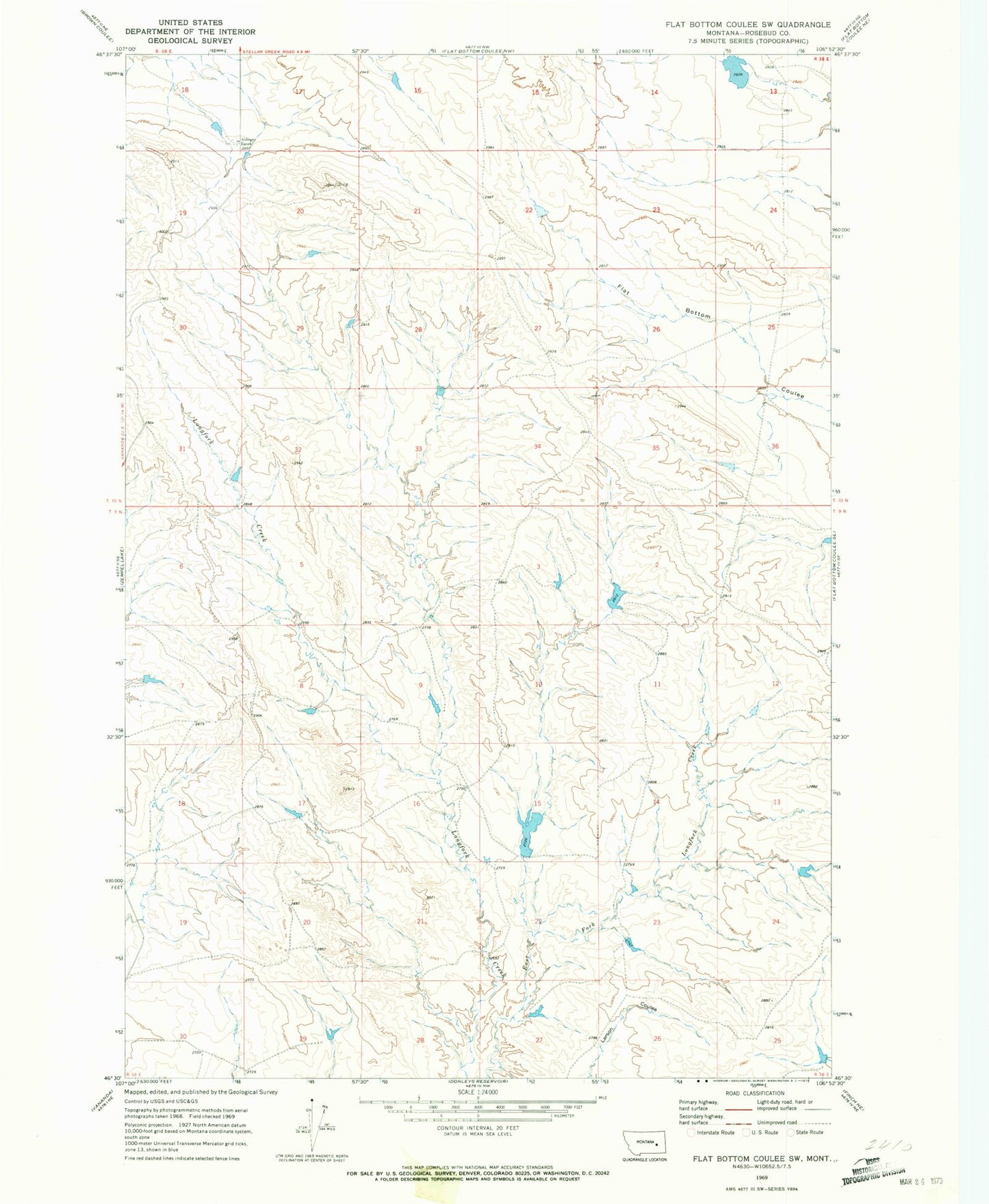 Classic USGS Flat Bottom Coulee SW Montana 7.5'x7.5' Topo Map Image