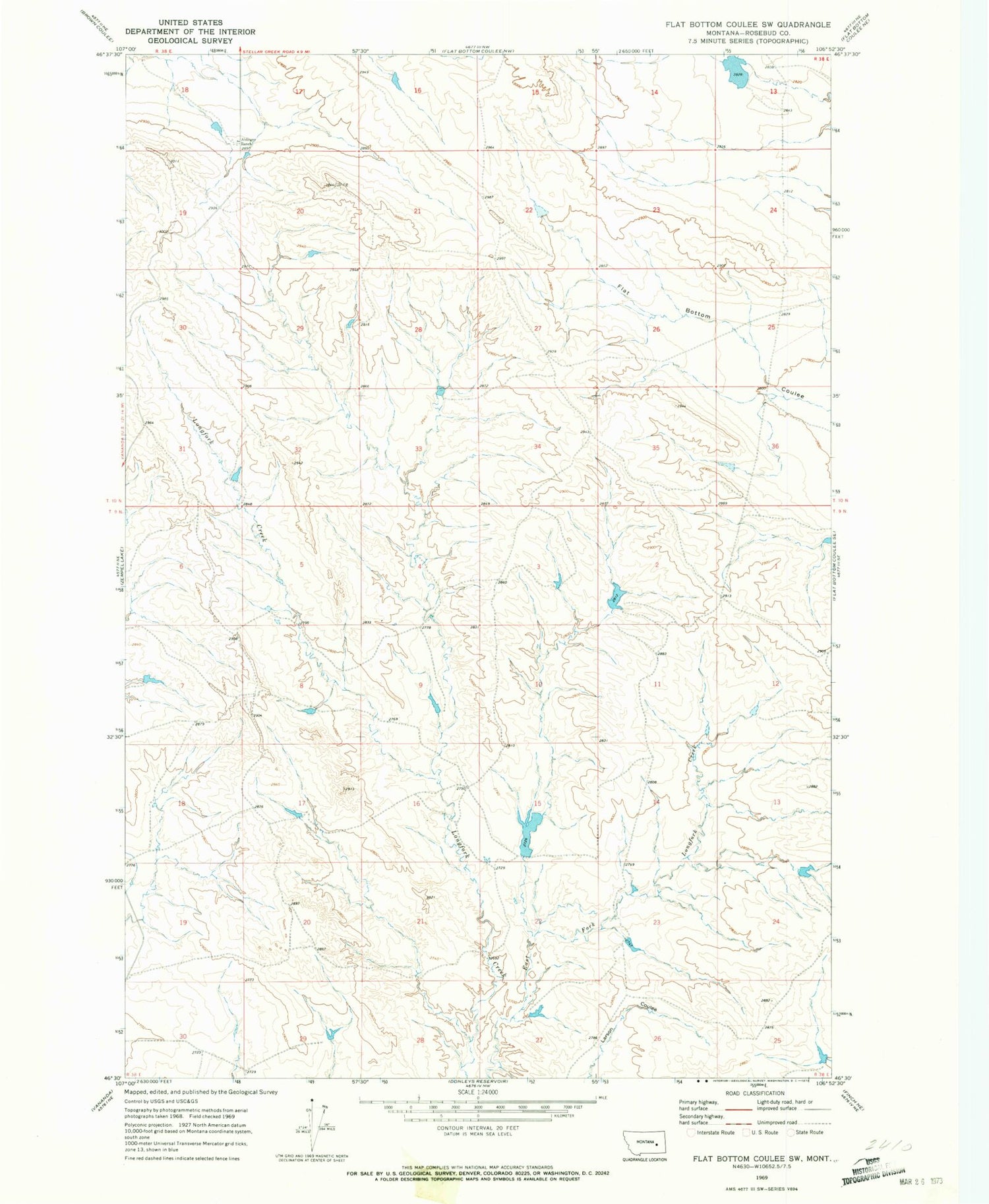 Classic USGS Flat Bottom Coulee SW Montana 7.5'x7.5' Topo Map Image