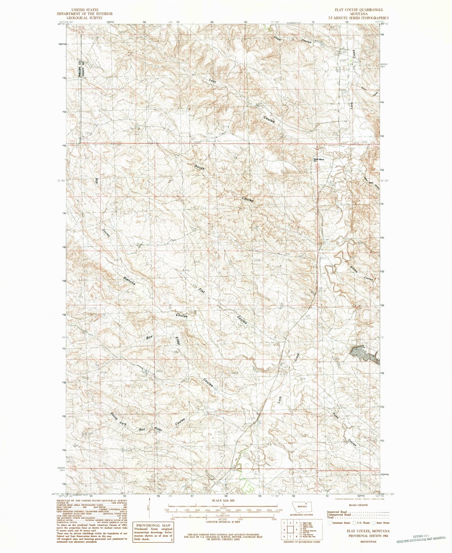 Classic USGS Flat Coulee Montana 7.5'x7.5' Topo Map Image