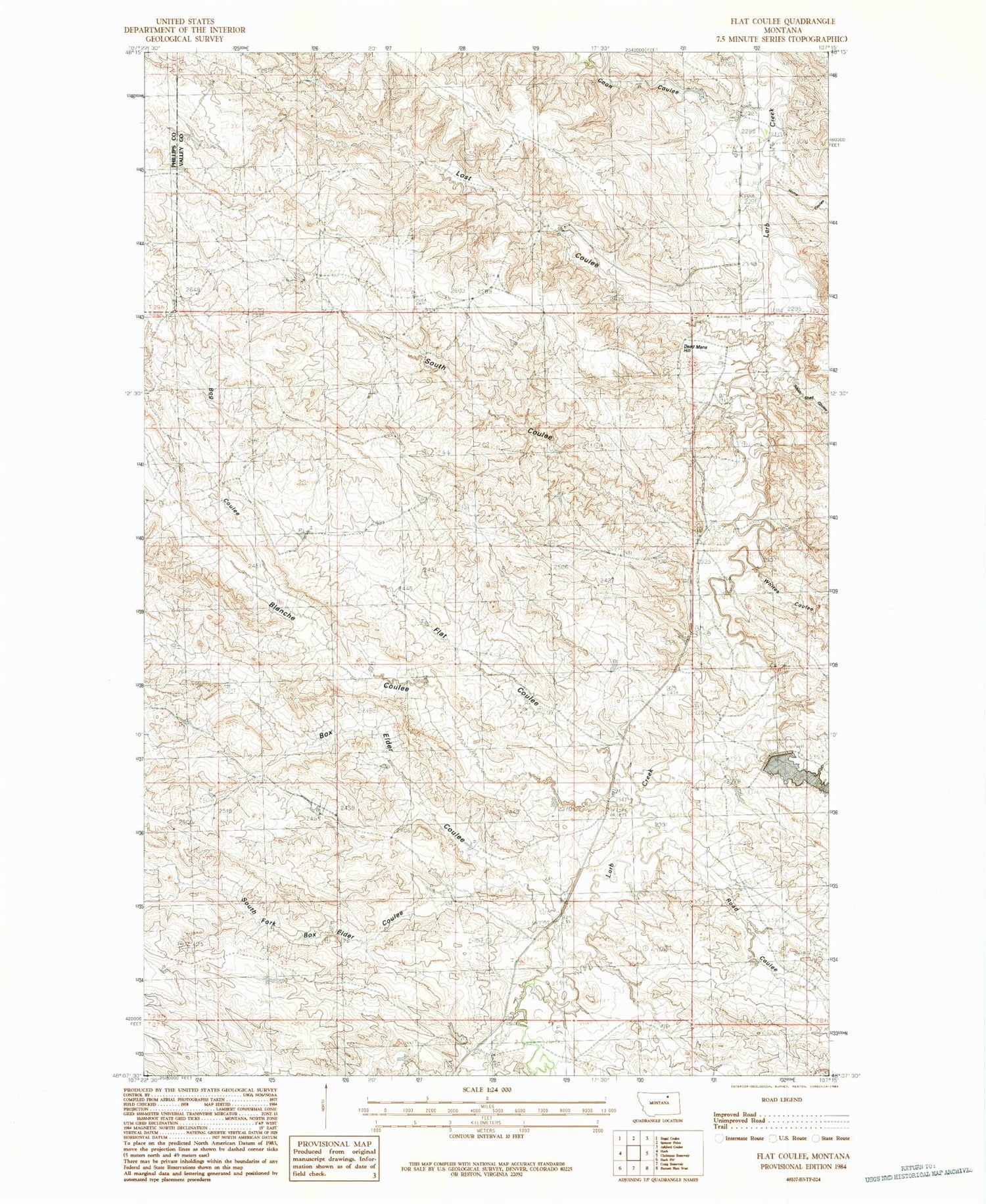 Classic USGS Flat Coulee Montana 7.5'x7.5' Topo Map Image
