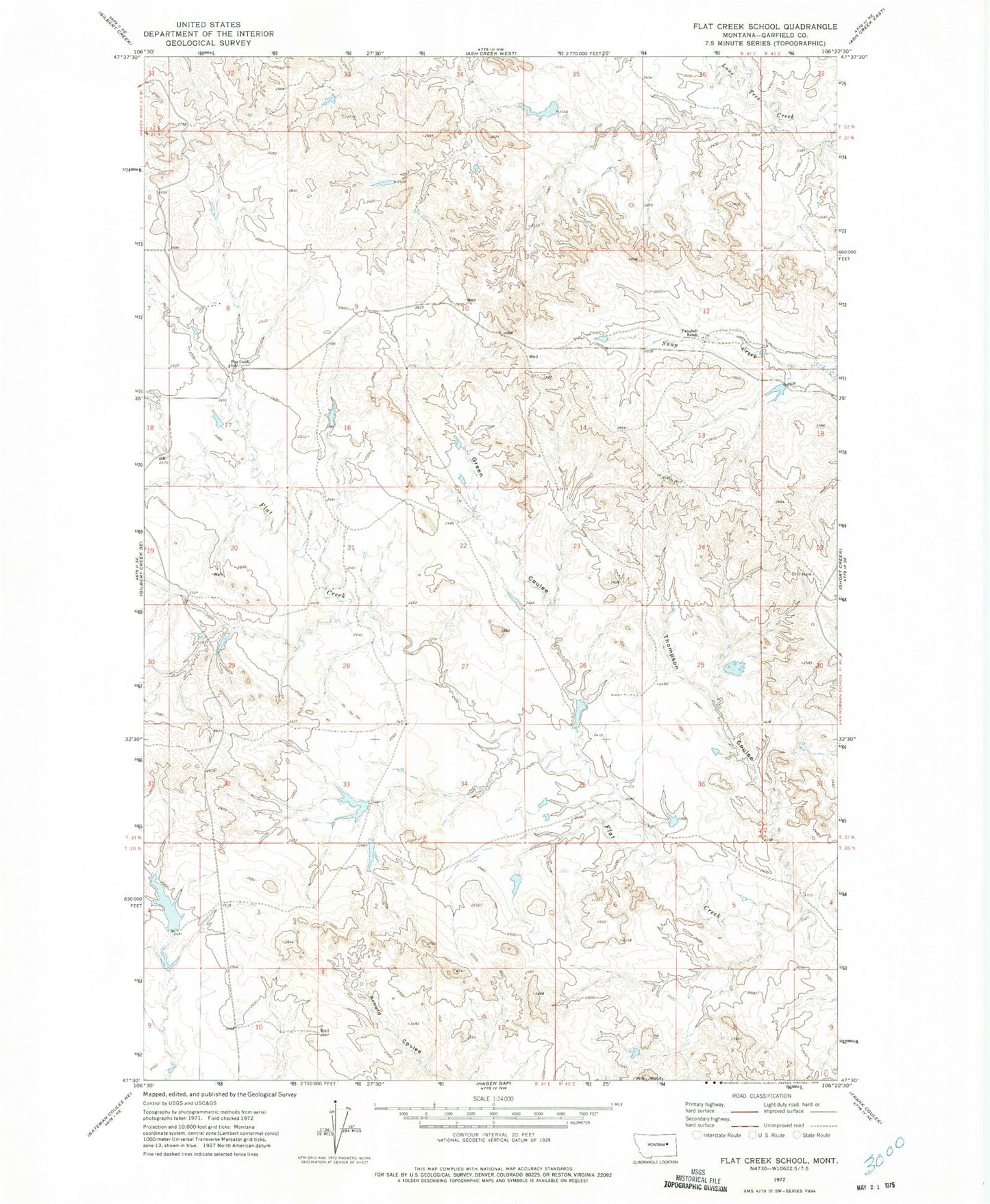 Classic USGS Flat Creek School Montana 7.5'x7.5' Topo Map Image