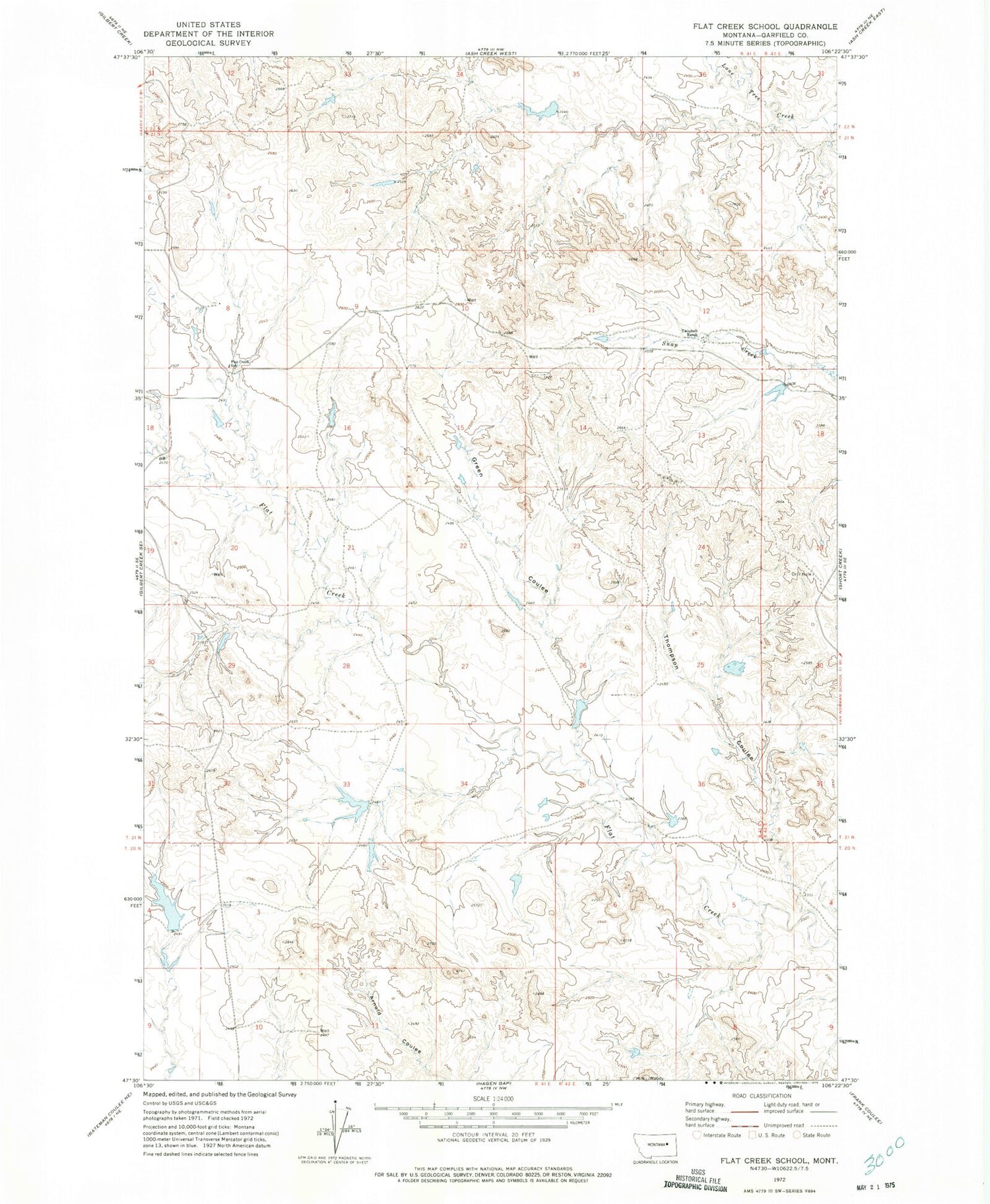 Classic USGS Flat Creek School Montana 7.5'x7.5' Topo Map Image