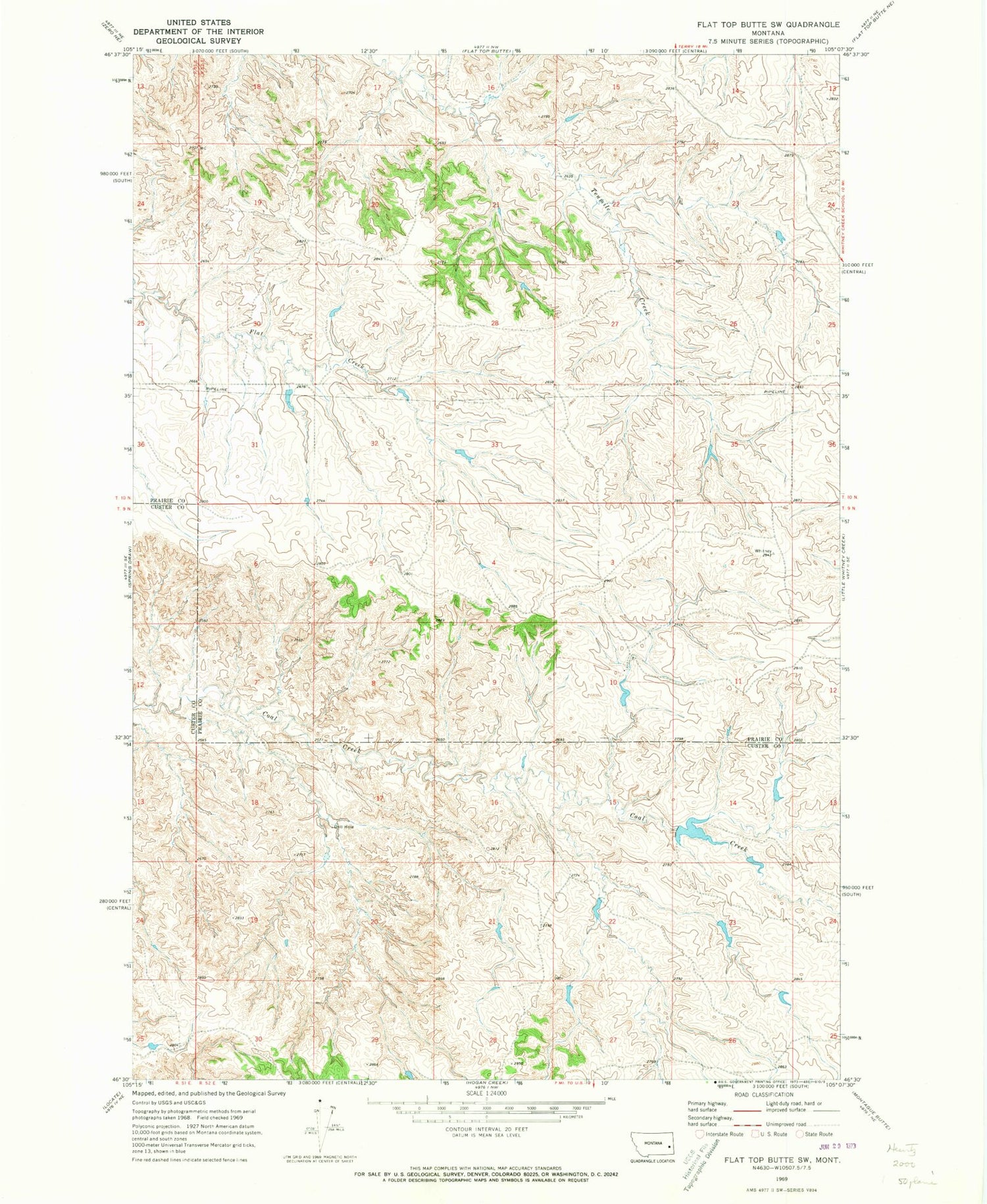 Classic USGS Flat Top Butte SW Montana 7.5'x7.5' Topo Map Image