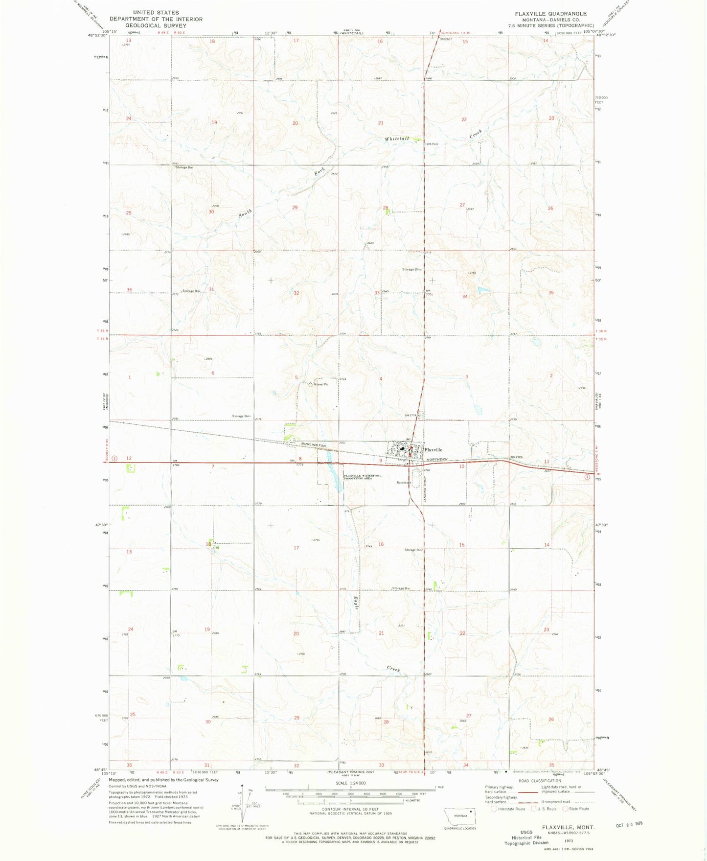 Classic USGS Flaxville Montana 7.5'x7.5' Topo Map Image