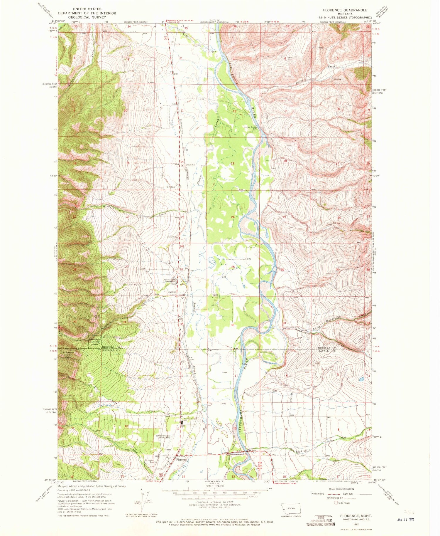 Classic USGS Florence Montana 7.5'x7.5' Topo Map Image