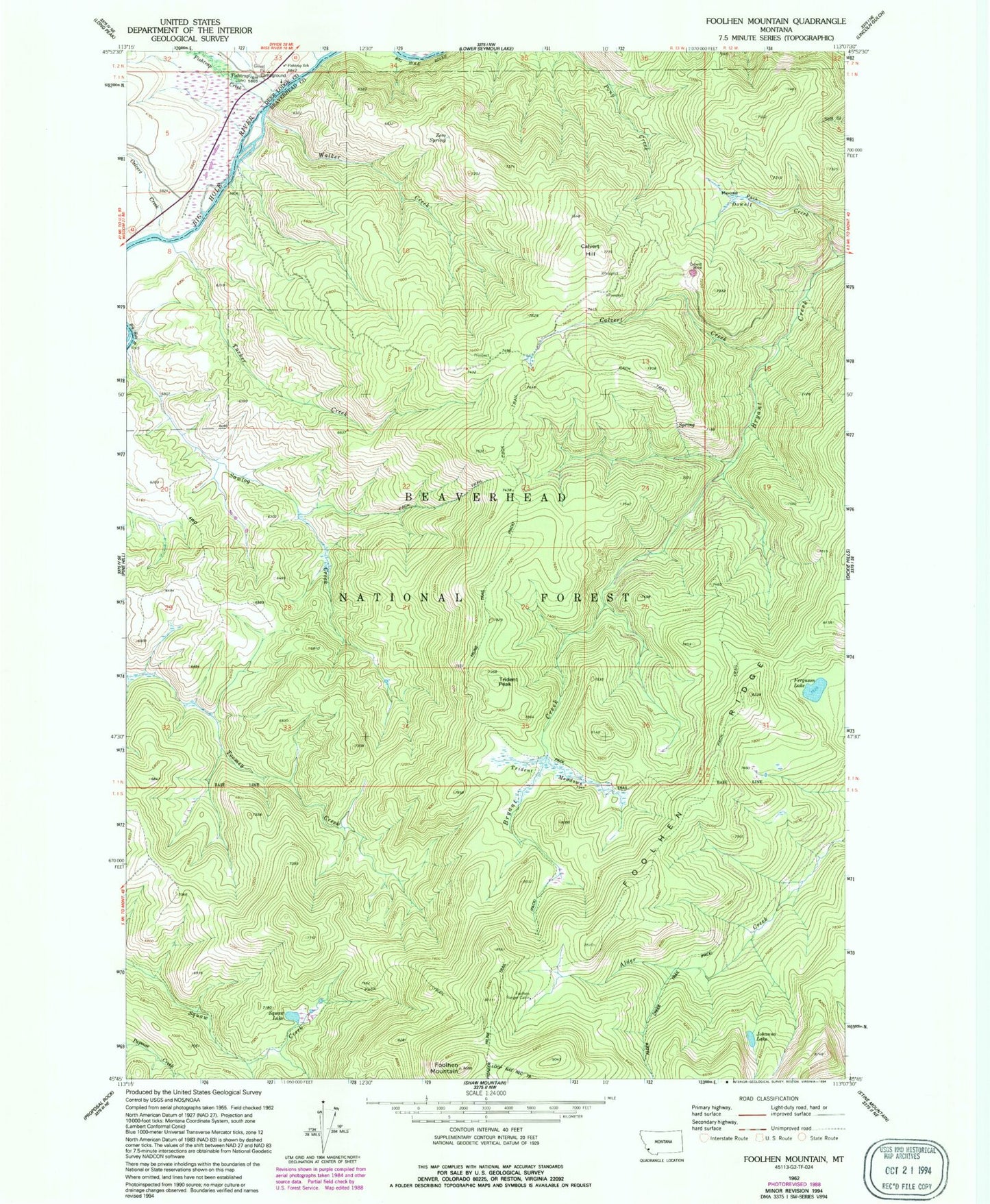 Classic USGS Foolhen Mountain Montana 7.5'x7.5' Topo Map Image