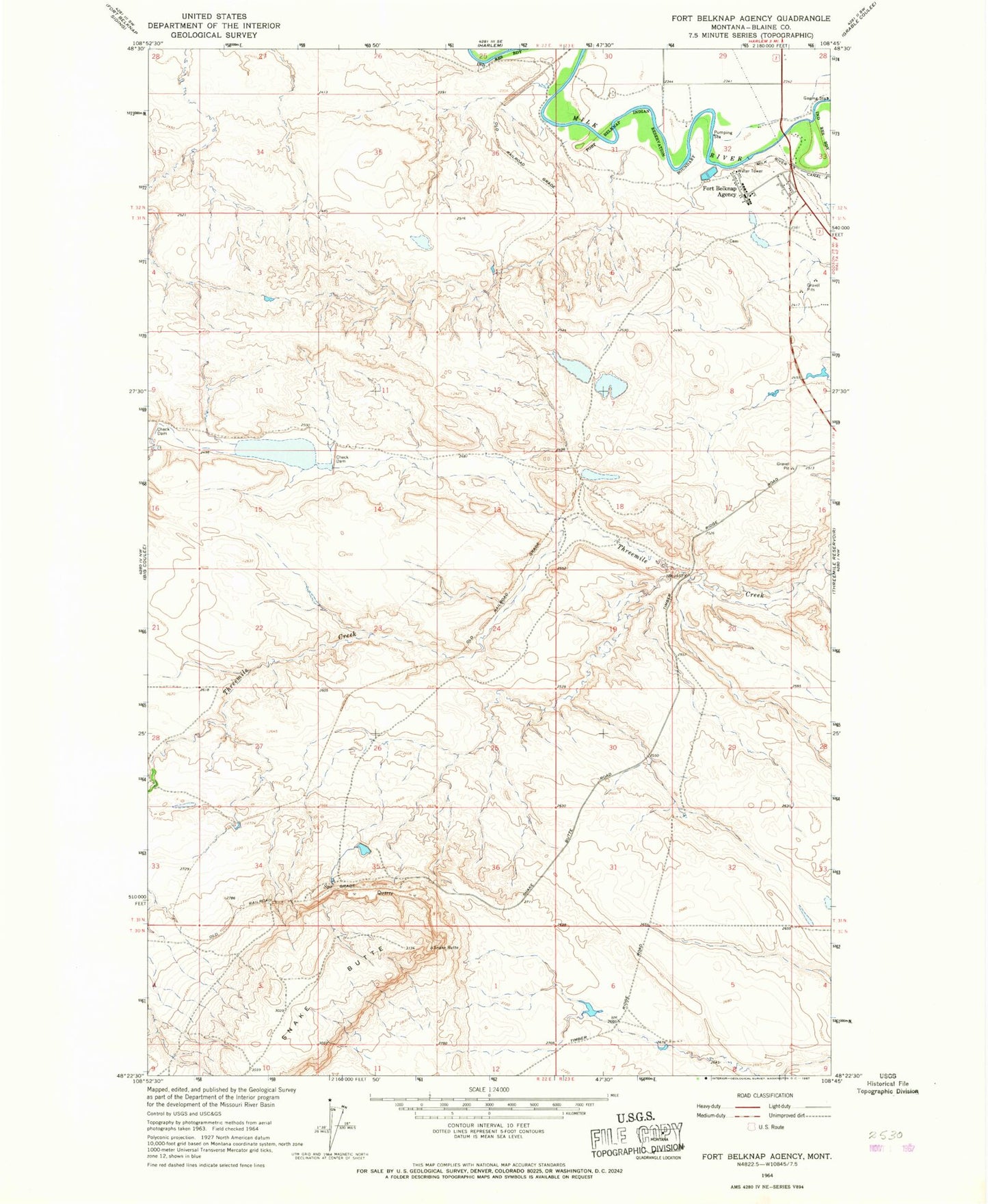 Classic USGS Fort Belknap Agency Montana 7.5'x7.5' Topo Map Image