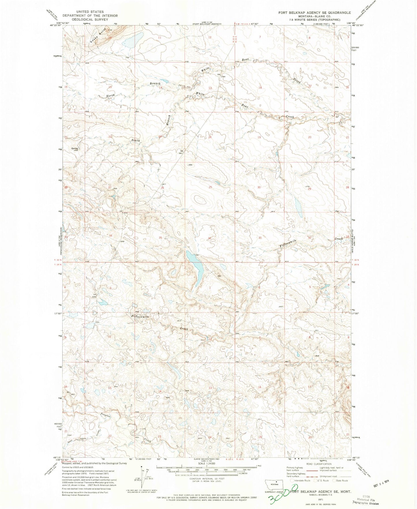 Classic USGS Fort Belknap Agency SE Montana 7.5'x7.5' Topo Map Image