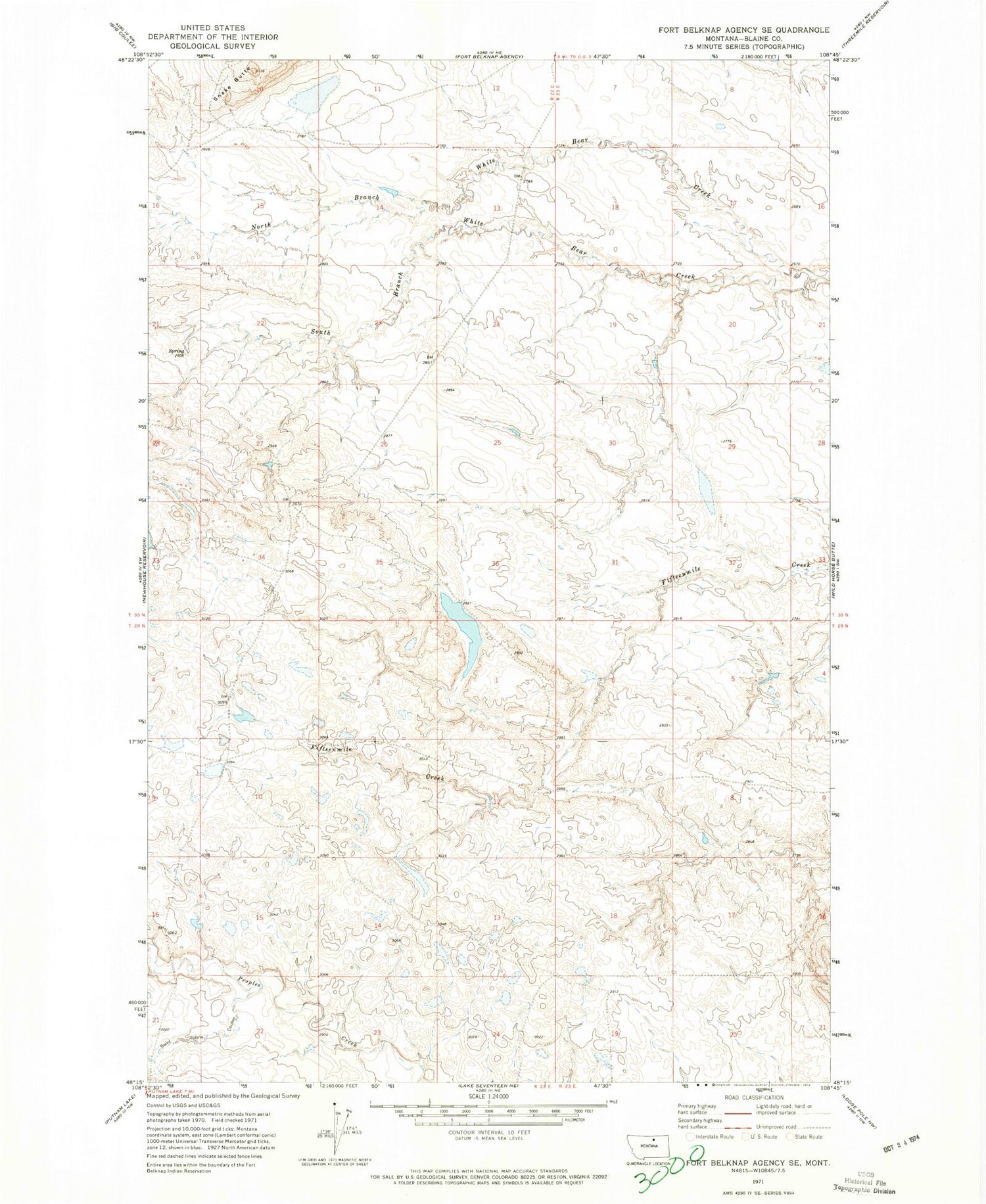 Classic USGS Fort Belknap Agency SE Montana 7.5'x7.5' Topo Map Image