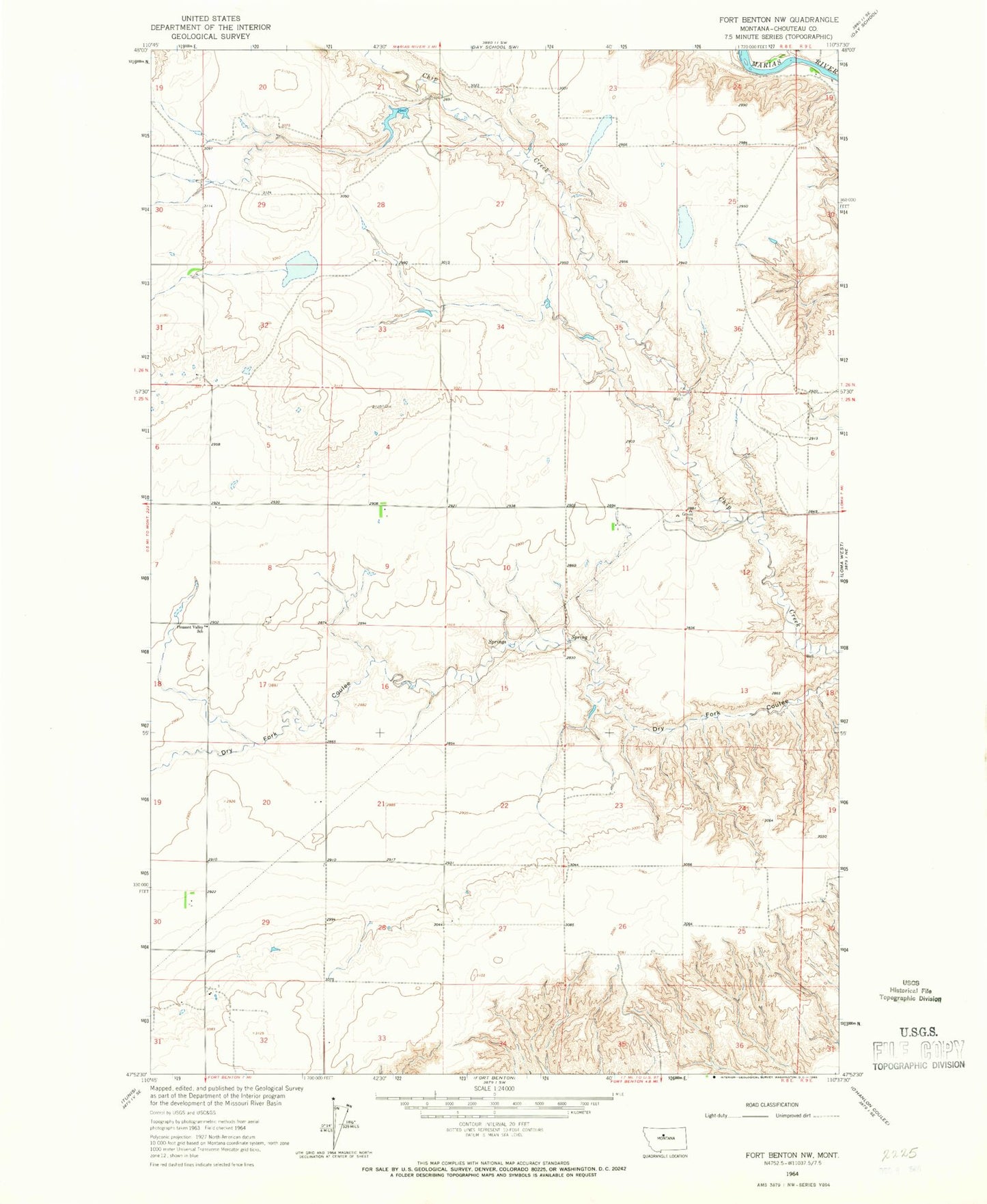 Classic USGS Fort Benton NW Montana 7.5'x7.5' Topo Map Image
