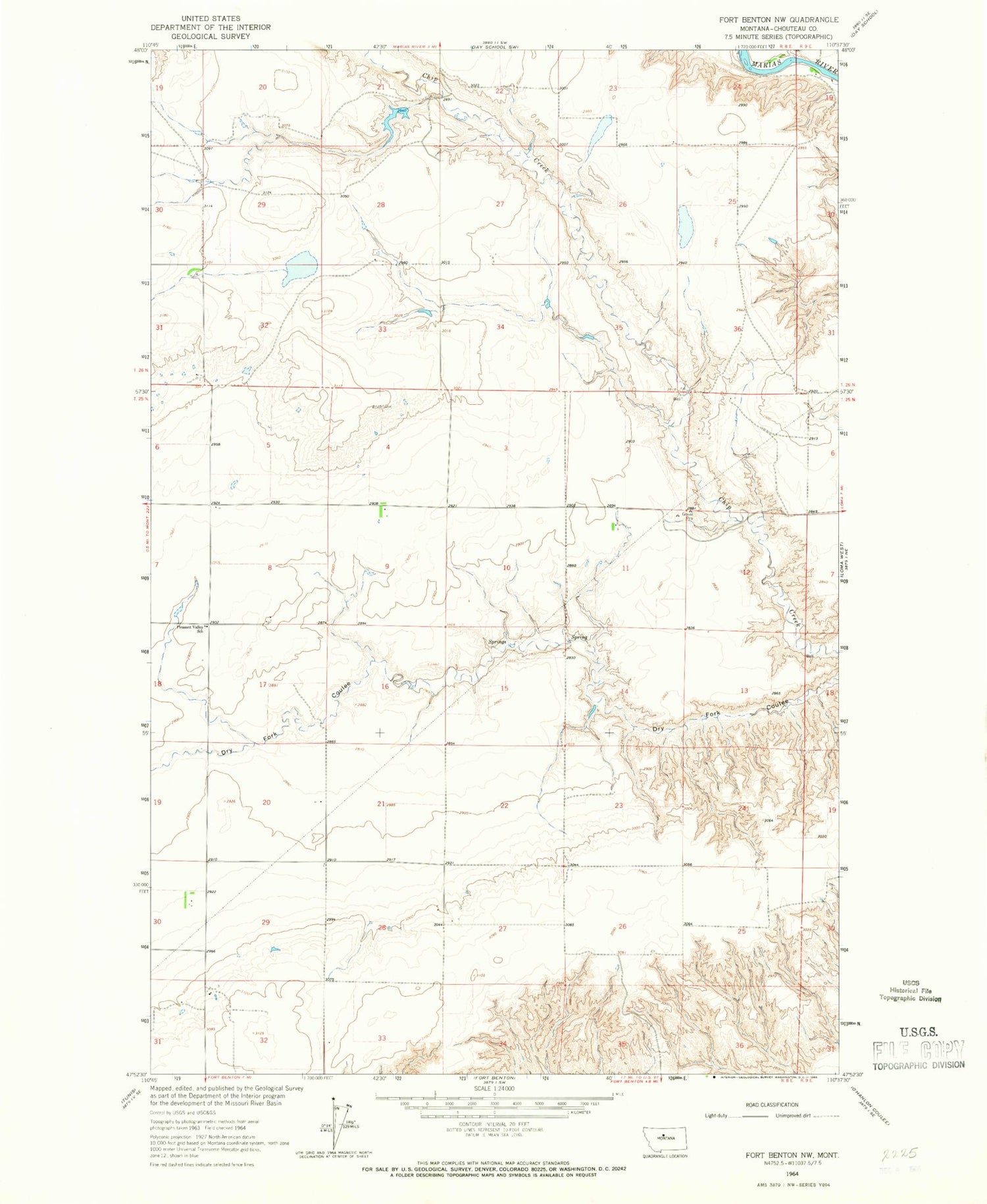 Classic USGS Fort Benton NW Montana 7.5'x7.5' Topo Map Image