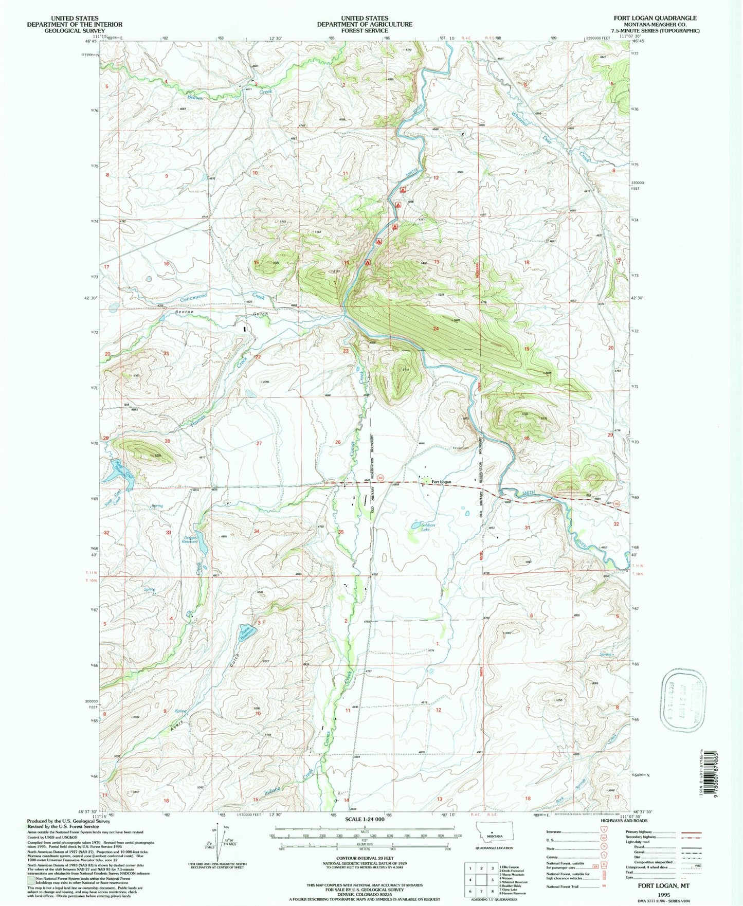 Classic USGS Fort Logan Montana 7.5'x7.5' Topo Map Image